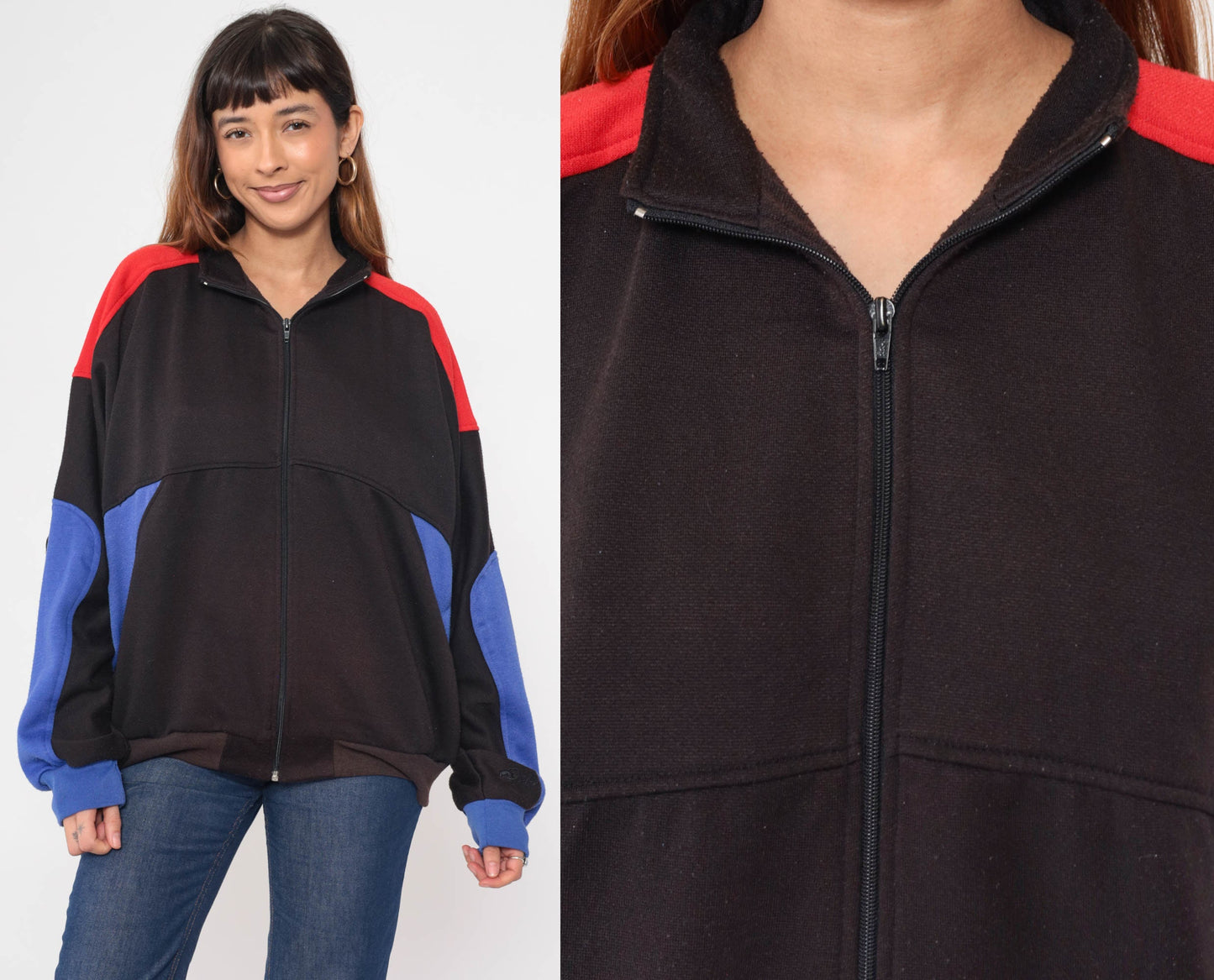 90s Dolfin Zip Up Sweatshirt Faded Black Red Blue Striped Track Jacket Large L