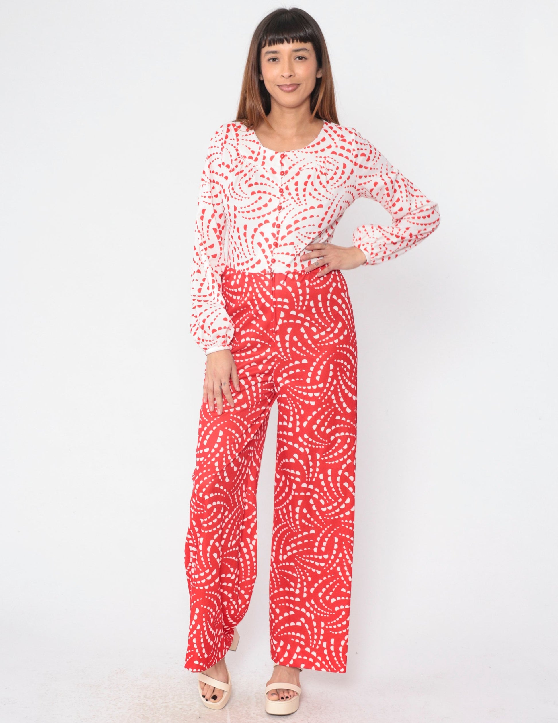 70s Toni Todd Jumpsuit Red White Geometric Wide Leg Button Up Small Medium