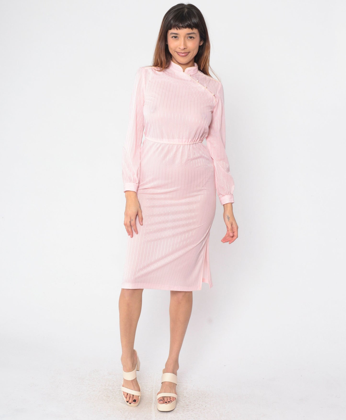 70s Mandarin Collar Midi Dress Baby Pink Striped Long Sleeve High Waist Extra Small