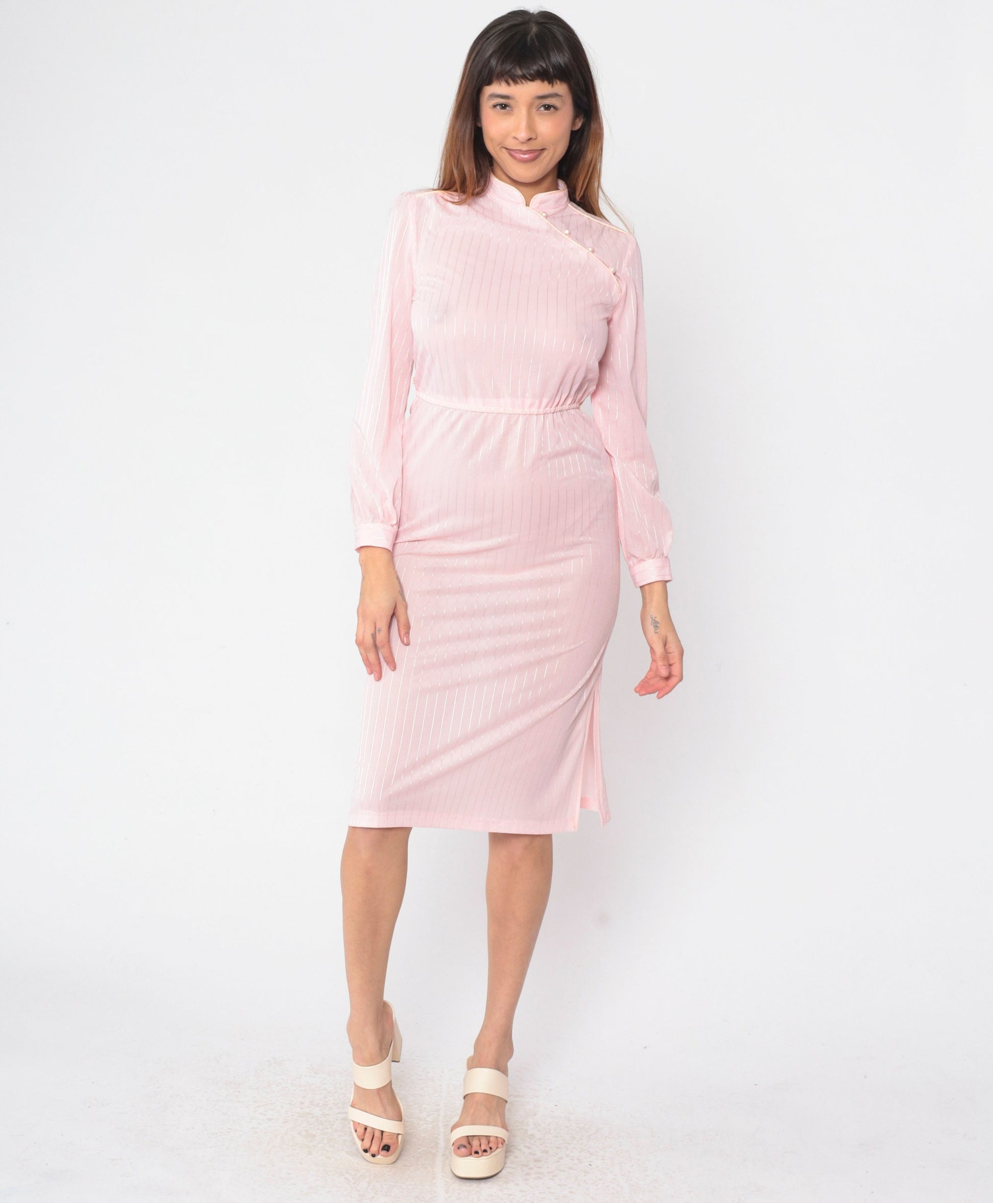 70s Mandarin Collar Midi Dress Baby Pink Striped Long Sleeve High Waist Extra Small