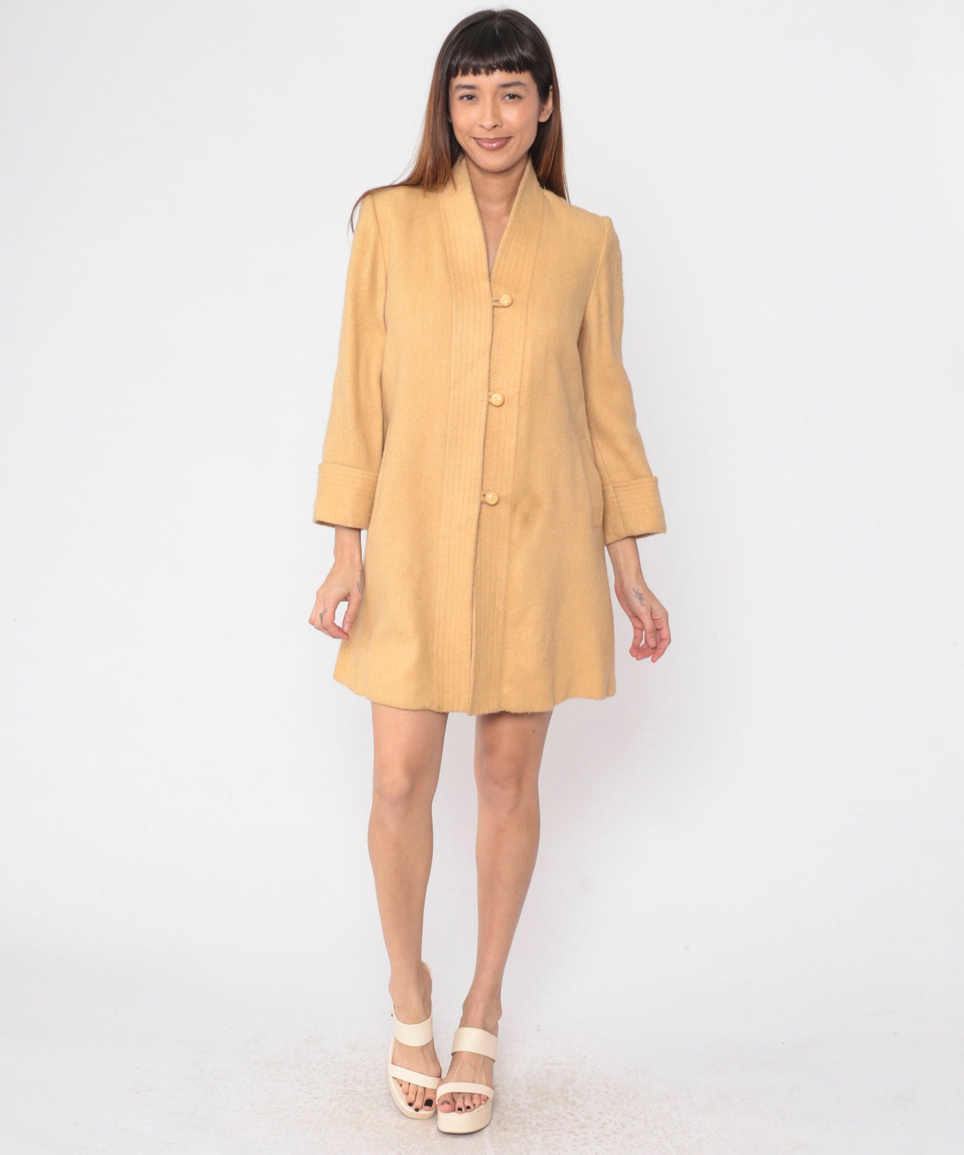 80s Mustard Wool Blend Jacket V-Neck Loop Button Set-In Sleeve Small