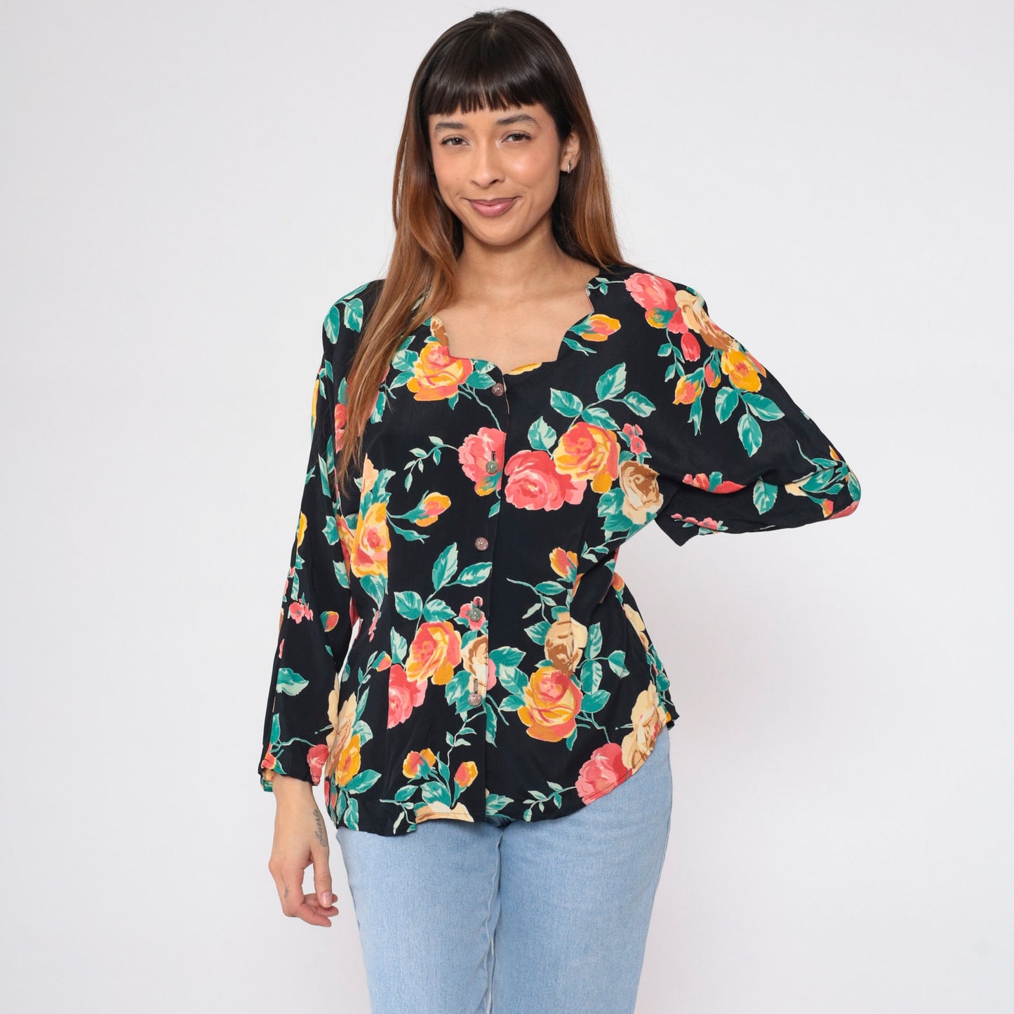 90s Carole Little Black Floral Button-Up Blouse Scalloped Neckline Medium