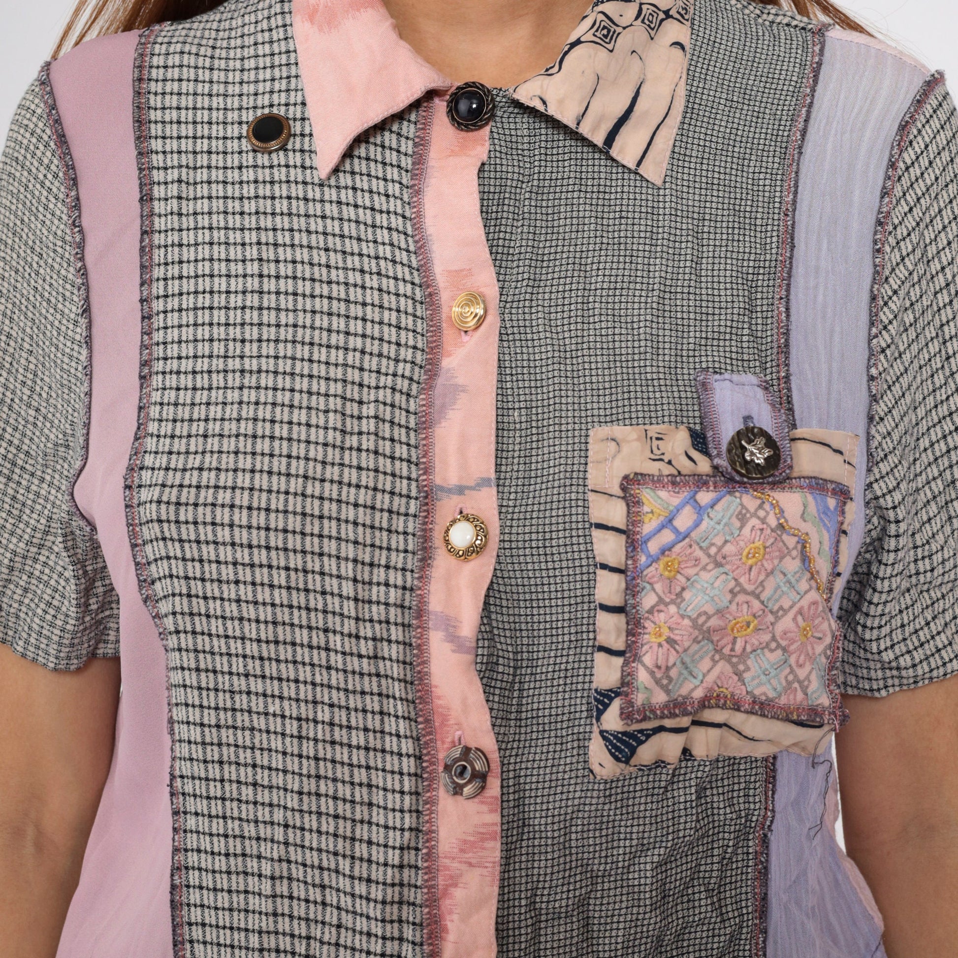 90s Mixed Print Button-Up Blouse Beaded Floral Embroidered Patchwork Small S