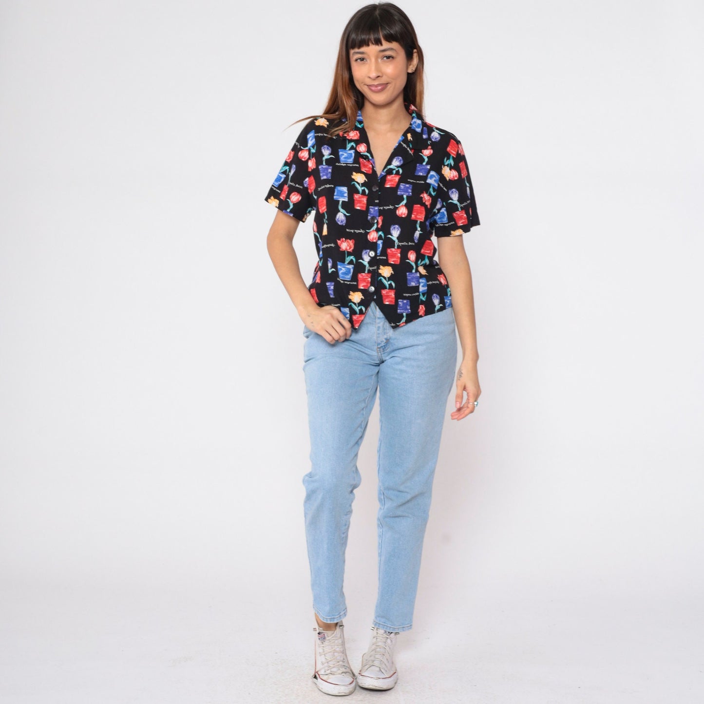 90s Floral Botanical Button-Up Blouse Flowerpot Tulip Print Shirt Large L
