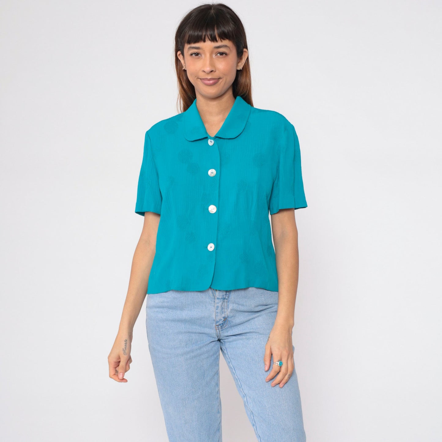 90s Bright Blue Mandala Print Button-Up Blouse Peter Pan Collar Short Sleeve Large