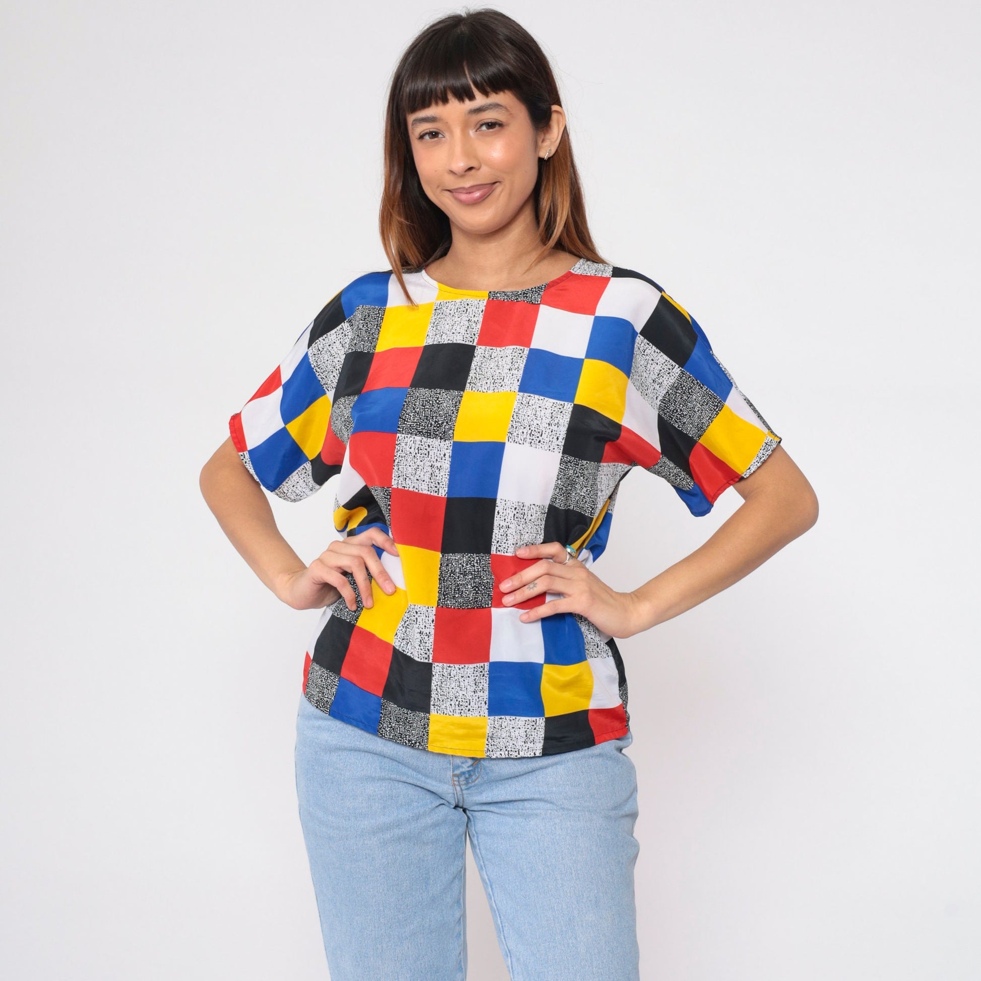 90s Color Block Blouse Primary Colours Black White Flecked Print Short Sleeve Small S