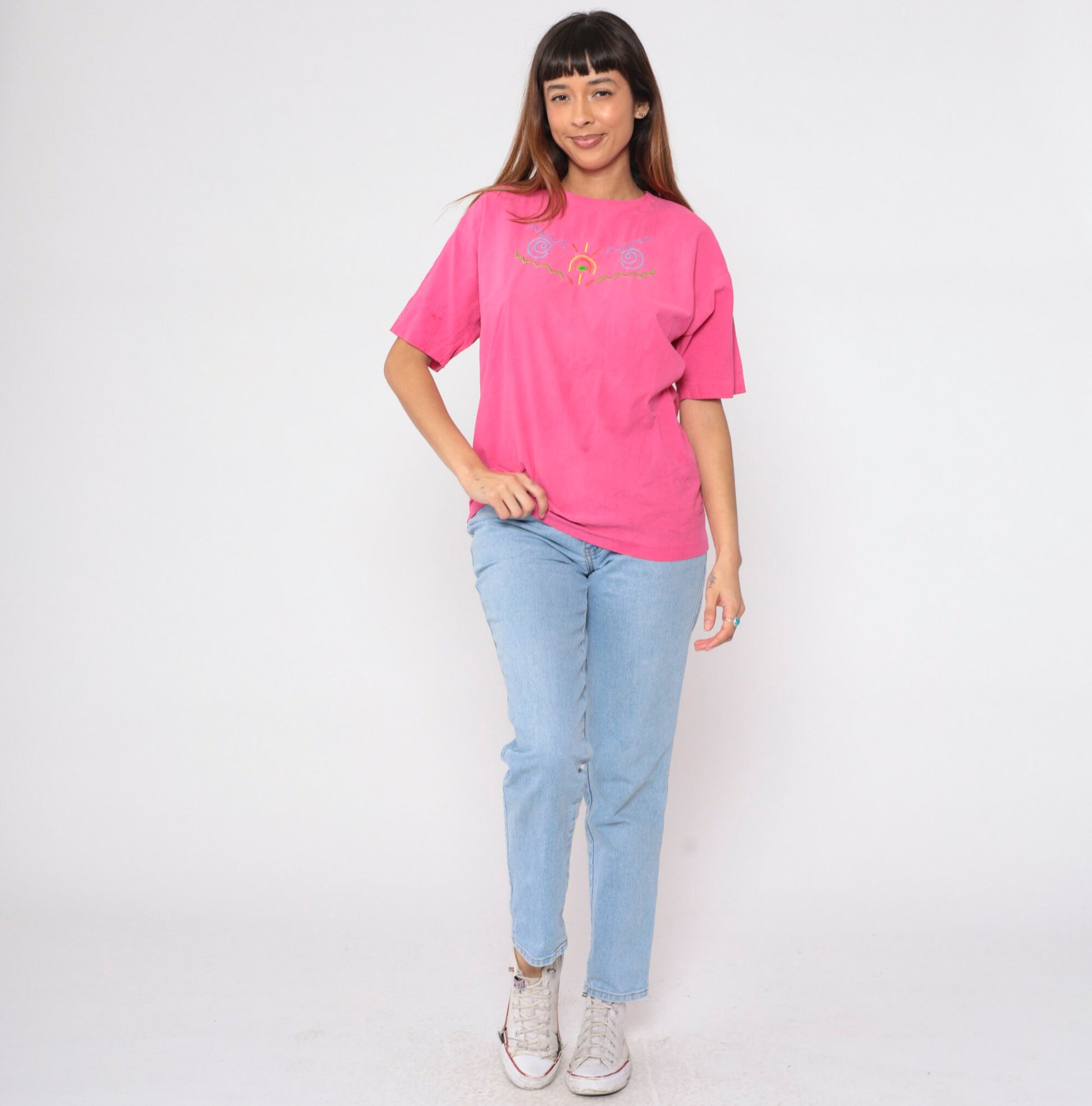 90s Peter Popovitch Embroidered Sun T-Shirt Hot Pink Abstract Tee Medium