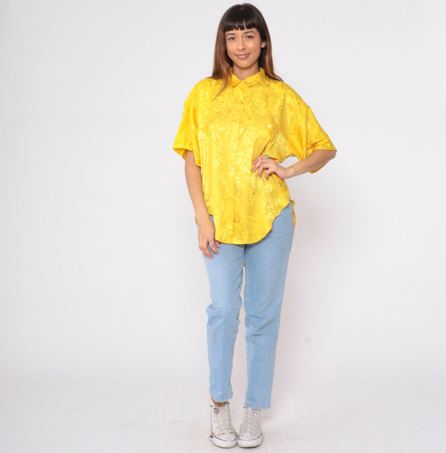 90s Angelus Yellow Floral Button-Up Blouse Embossed Short Sleeve Large