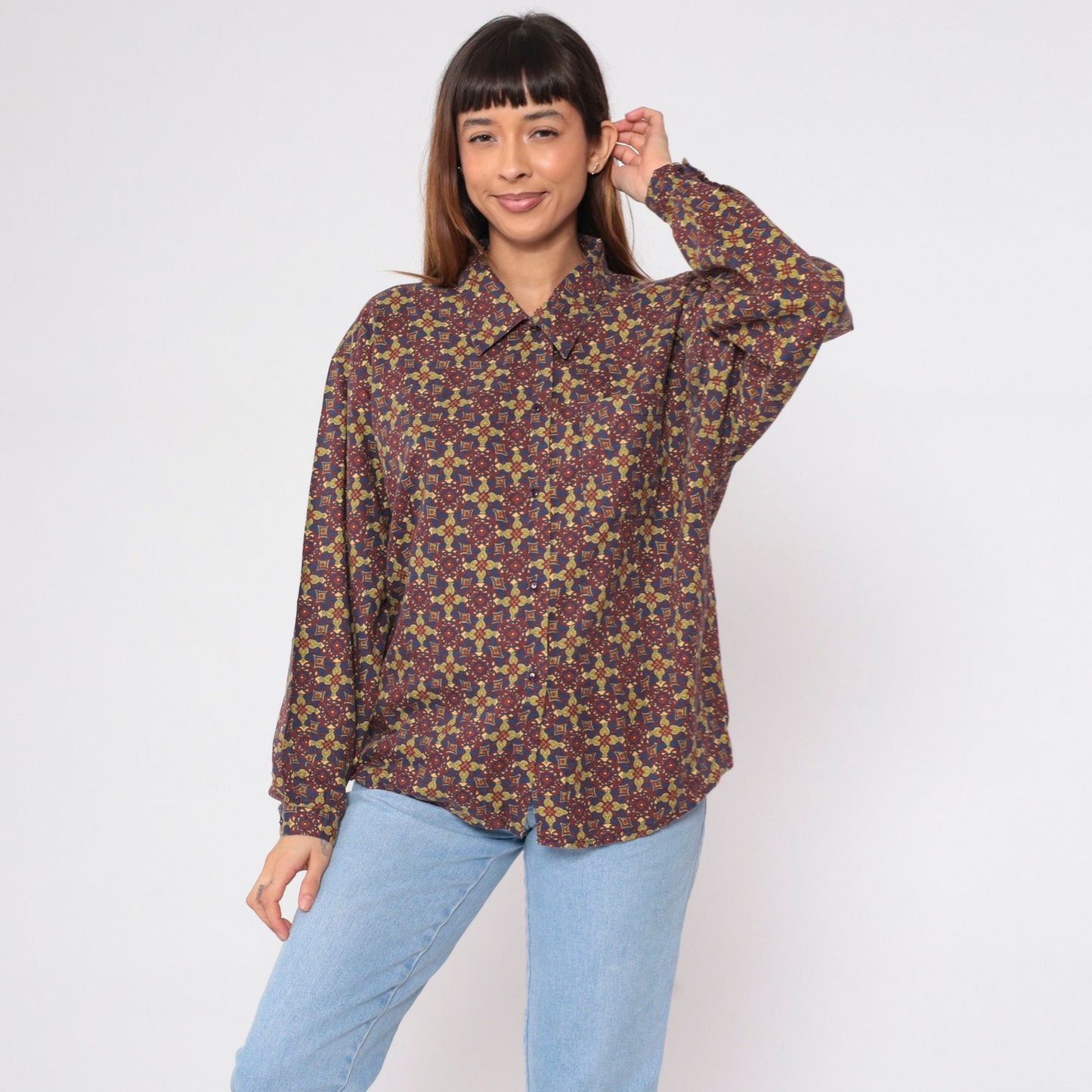 90s Van Heusen Geometric Floral Button-Up Blouse Long Sleeve Collared Shirt Large L