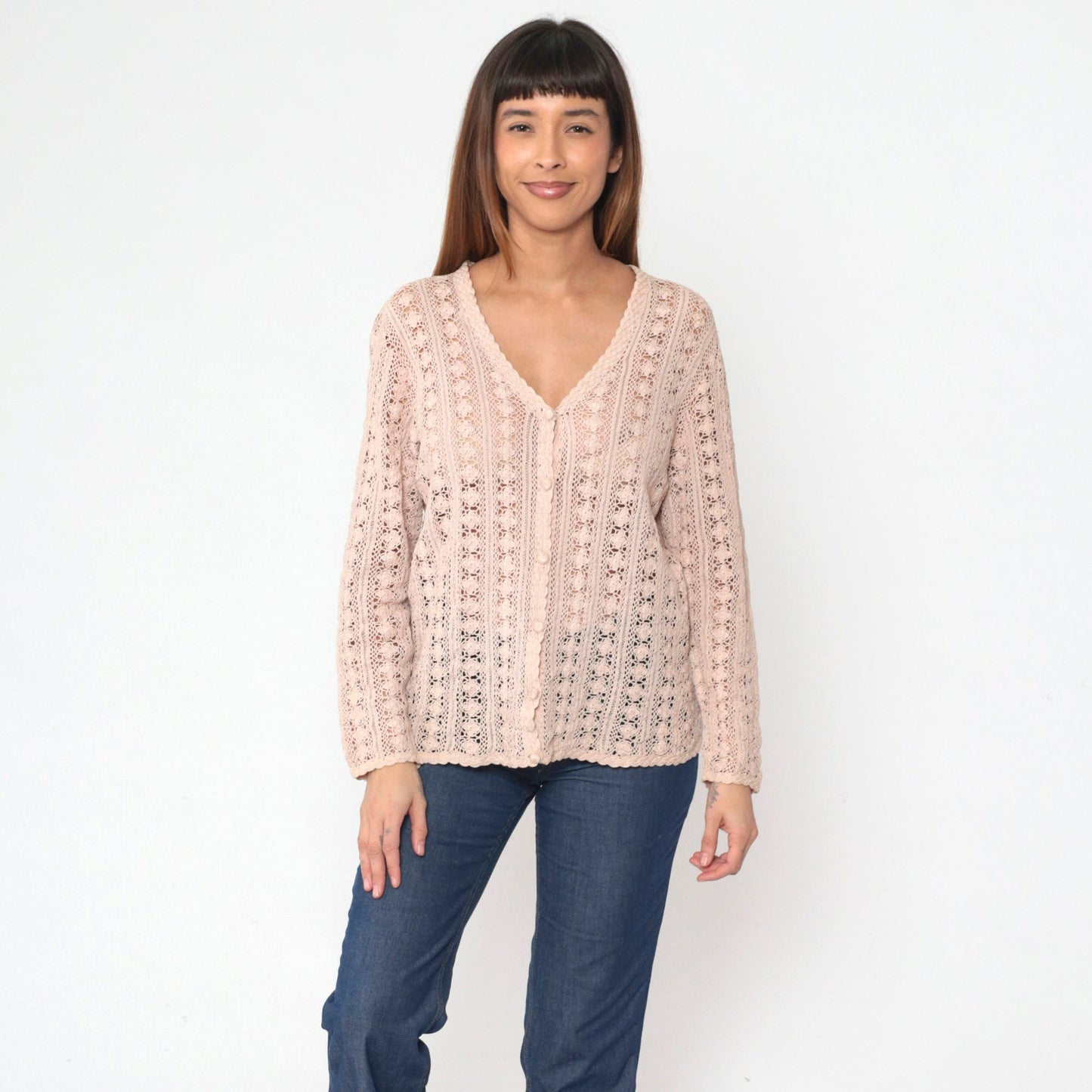 90s Blush Beige Crochet Cardigan Floral Cutout Cotton Knit Large
