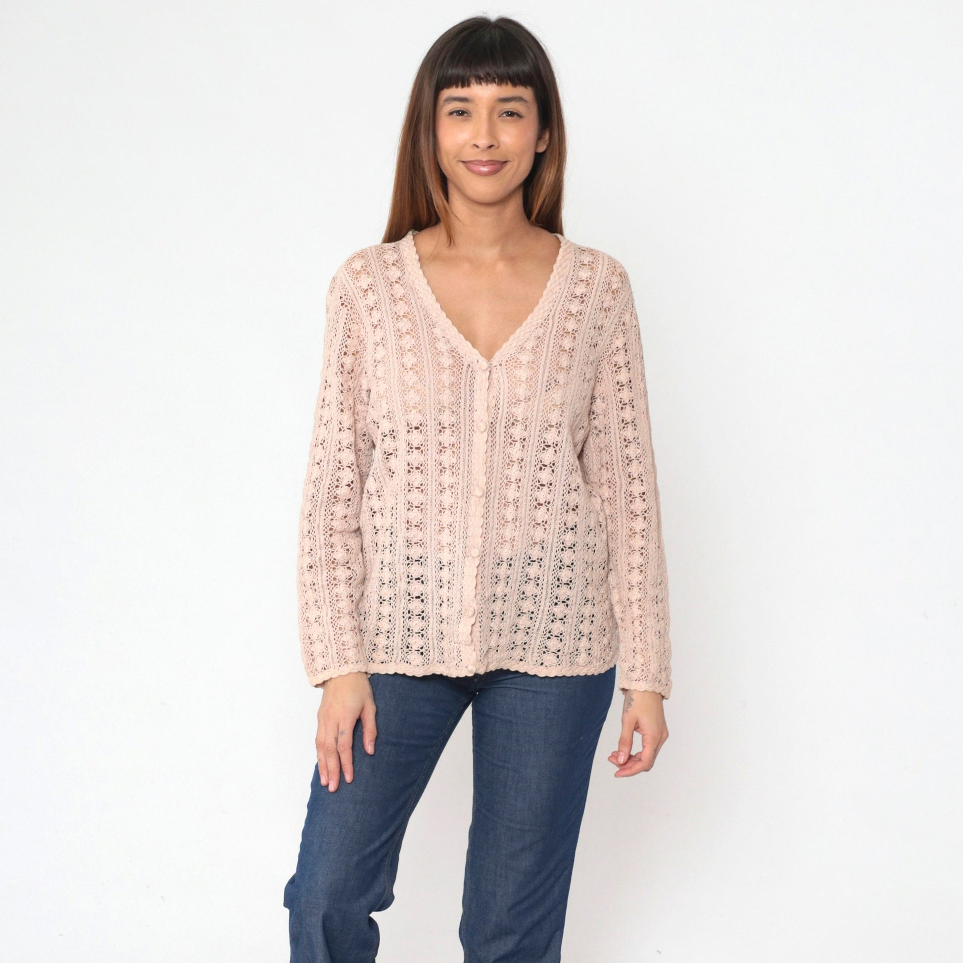90s Blush Beige Crochet Cardigan Floral Cutout Cotton Knit Large