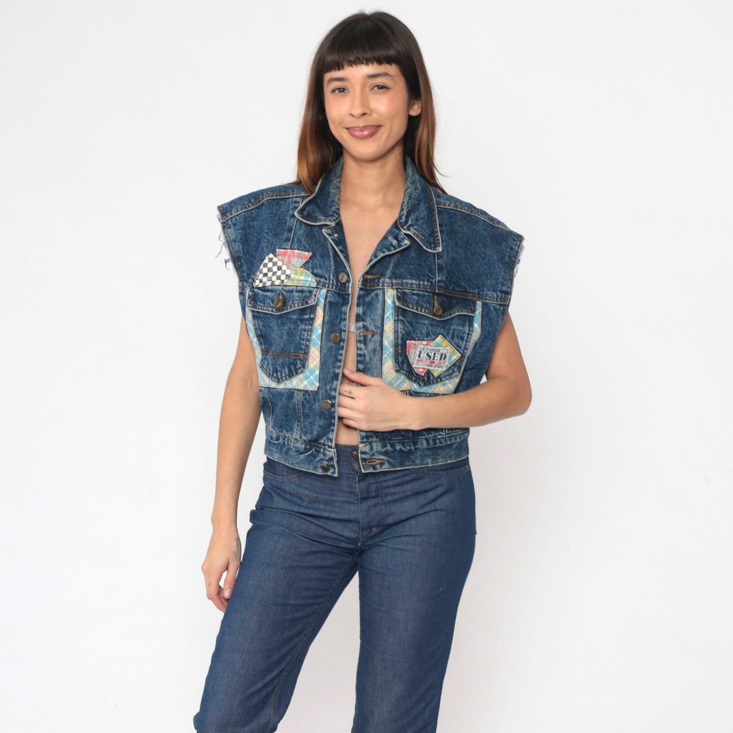 90s Denim Vest Plaid Patchwork Cutoff Blue Jean Sleeveless Medium