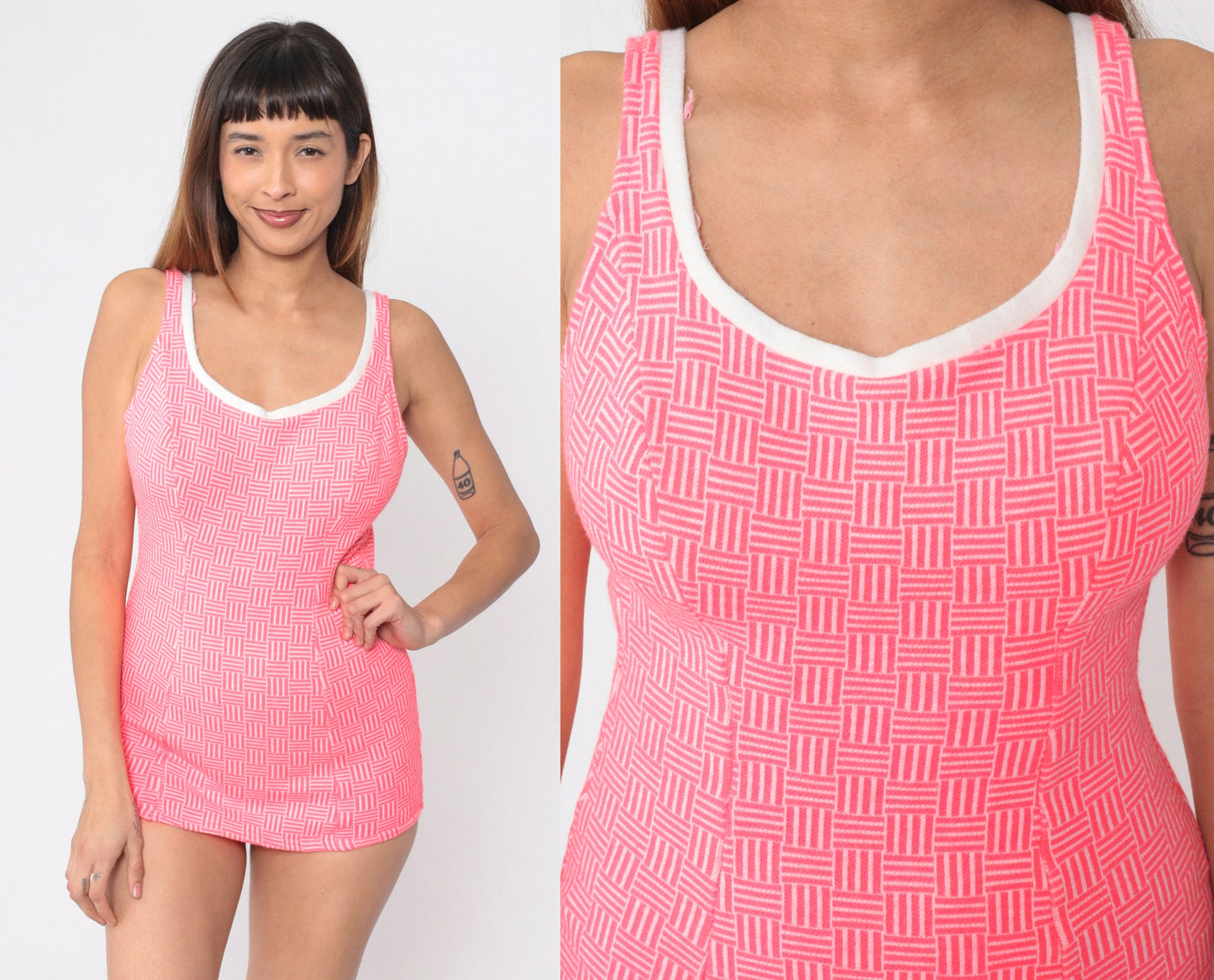 70s Hot Pink Geometric One-Piece Swimsuit Skirt Panel Low Back Medium