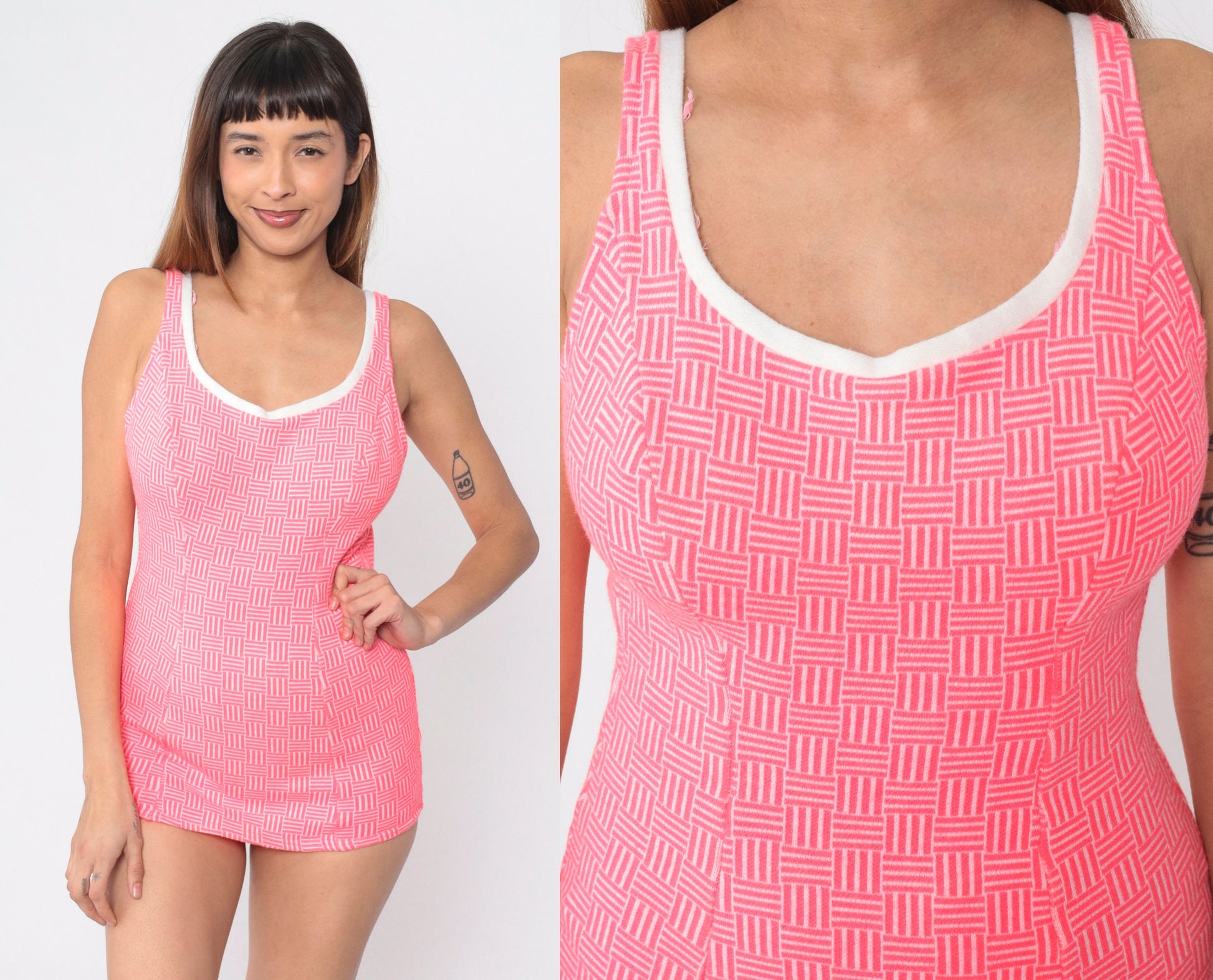 70s Hot Pink Geometric One-Piece Swimsuit Skirt Panel Low Back Medium