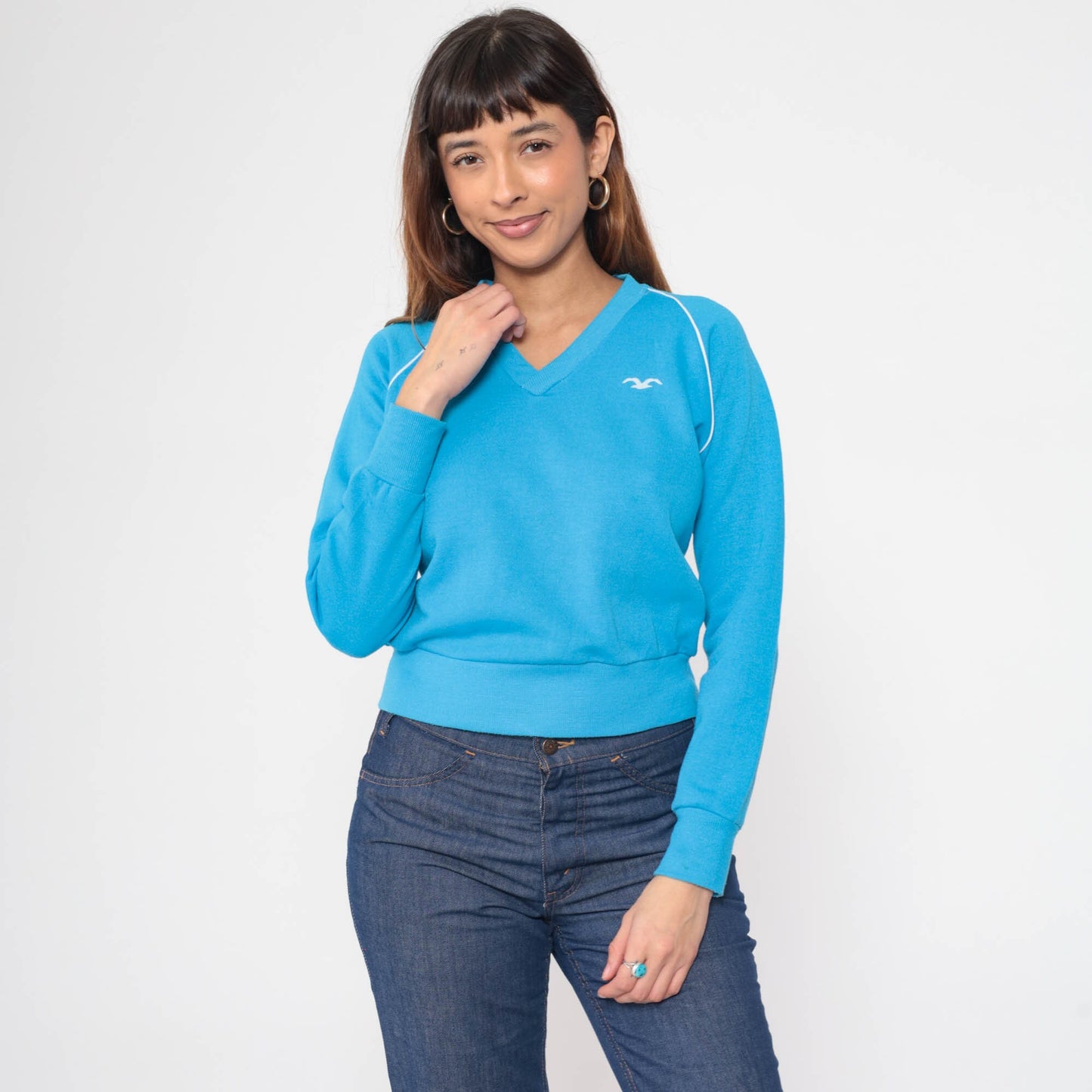 80s Wrangler Bird Logo Raglan Sweatshirt Bright Blue V-Neck Extra Small