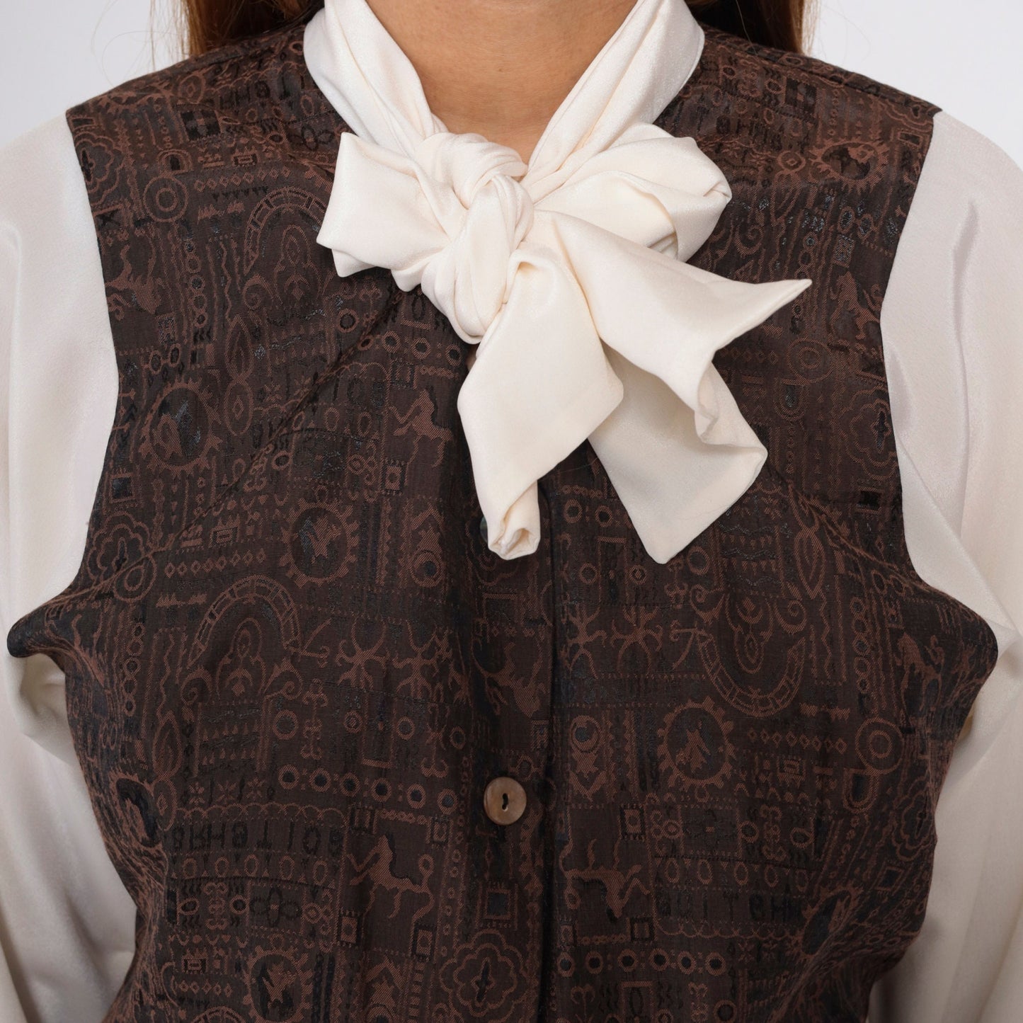 90s Off-White Button-Up Blouse with Attached Brown Vest and Necktie Medium
