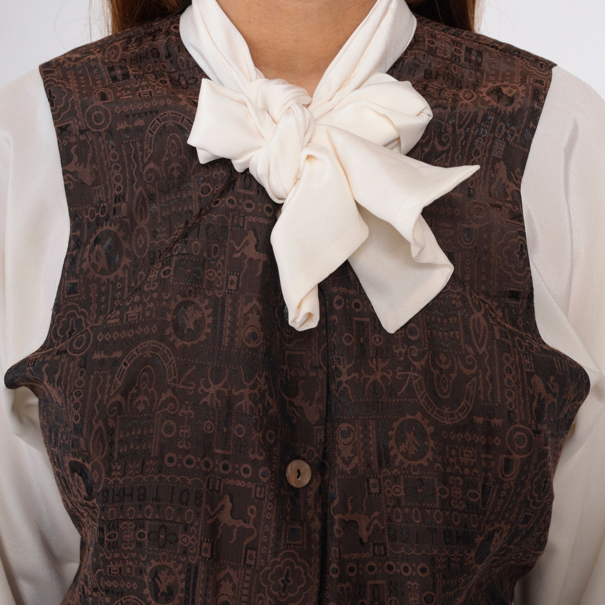 90s Off-White Button-Up Blouse with Attached Brown Vest and Necktie Medium