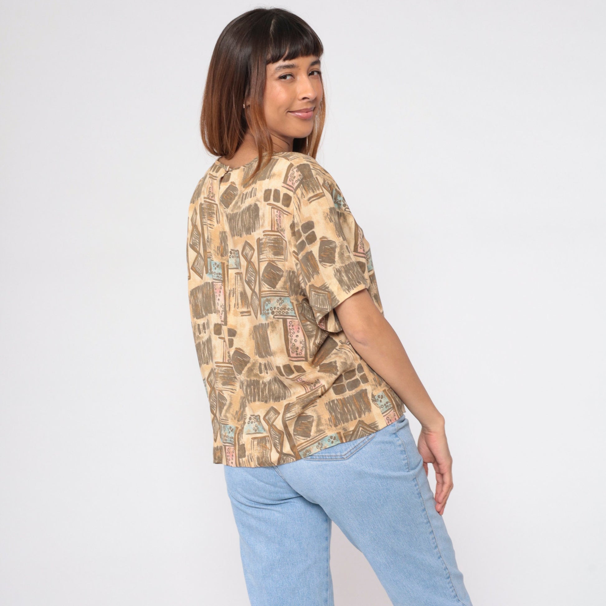 90s Sag Harbor Geometric Abstract Blouse Tan Short Sleeve Extra Large XXL