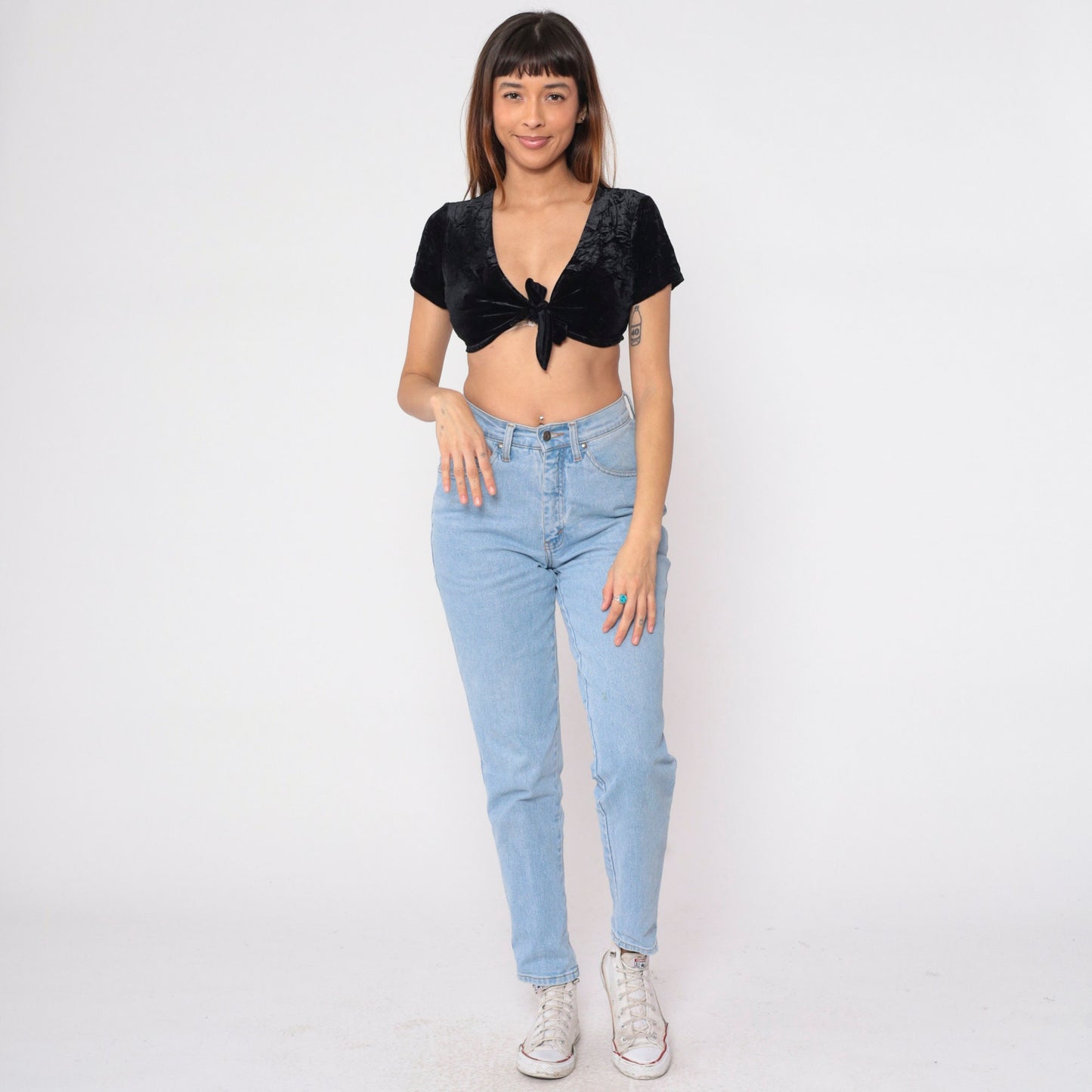 90s Black Velvet Crop Top Tie Front Short Sleeve Extra Small XS