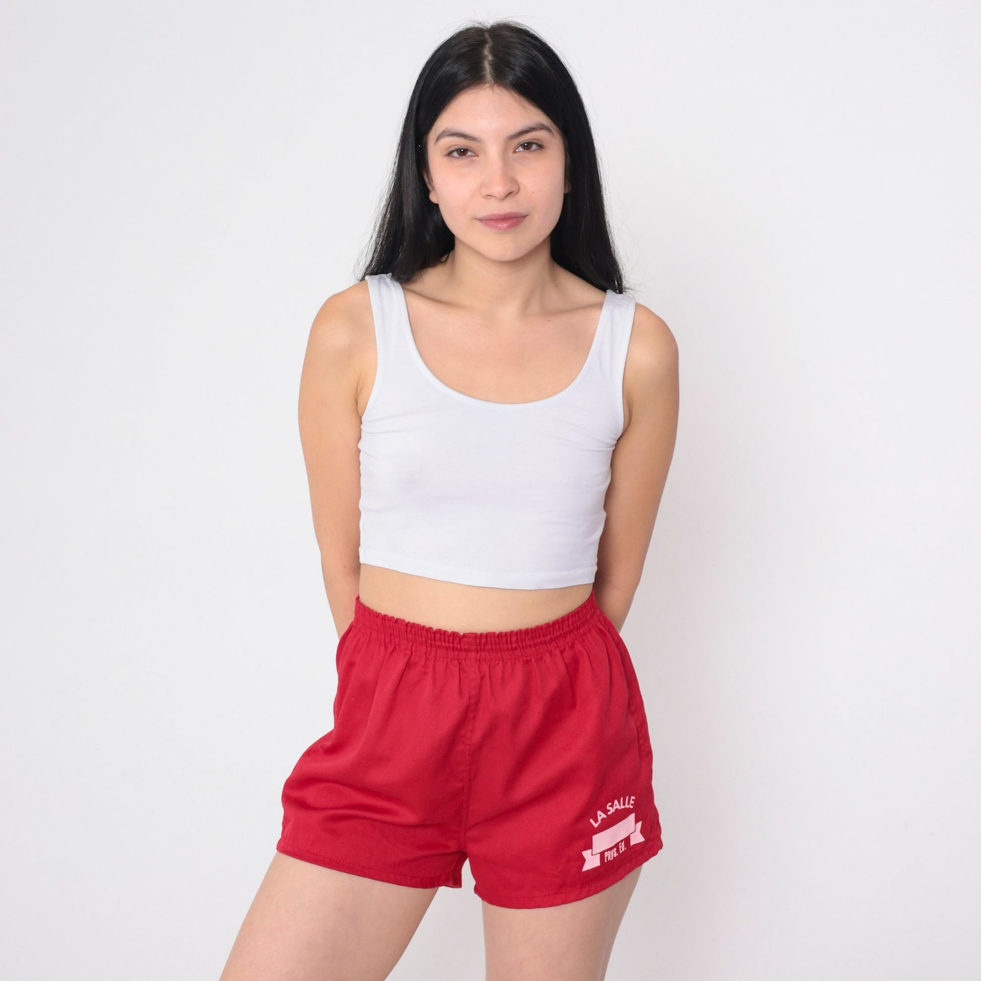 80s La Salle High School PE Red Gym Shorts Elastic Waist XS