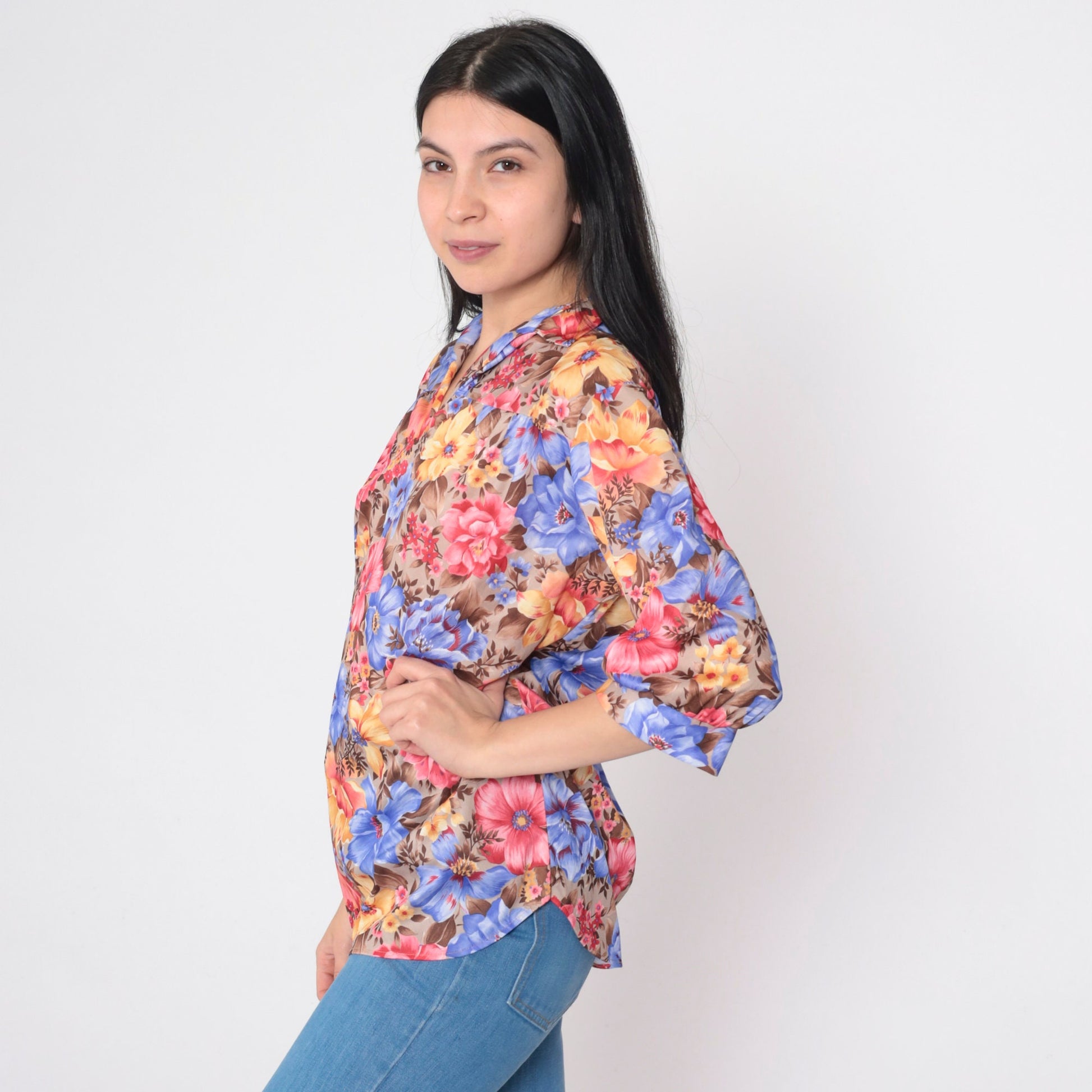 70s Floral Pleated Blouse Collared V-Neck 3/4 Sleeve Medium