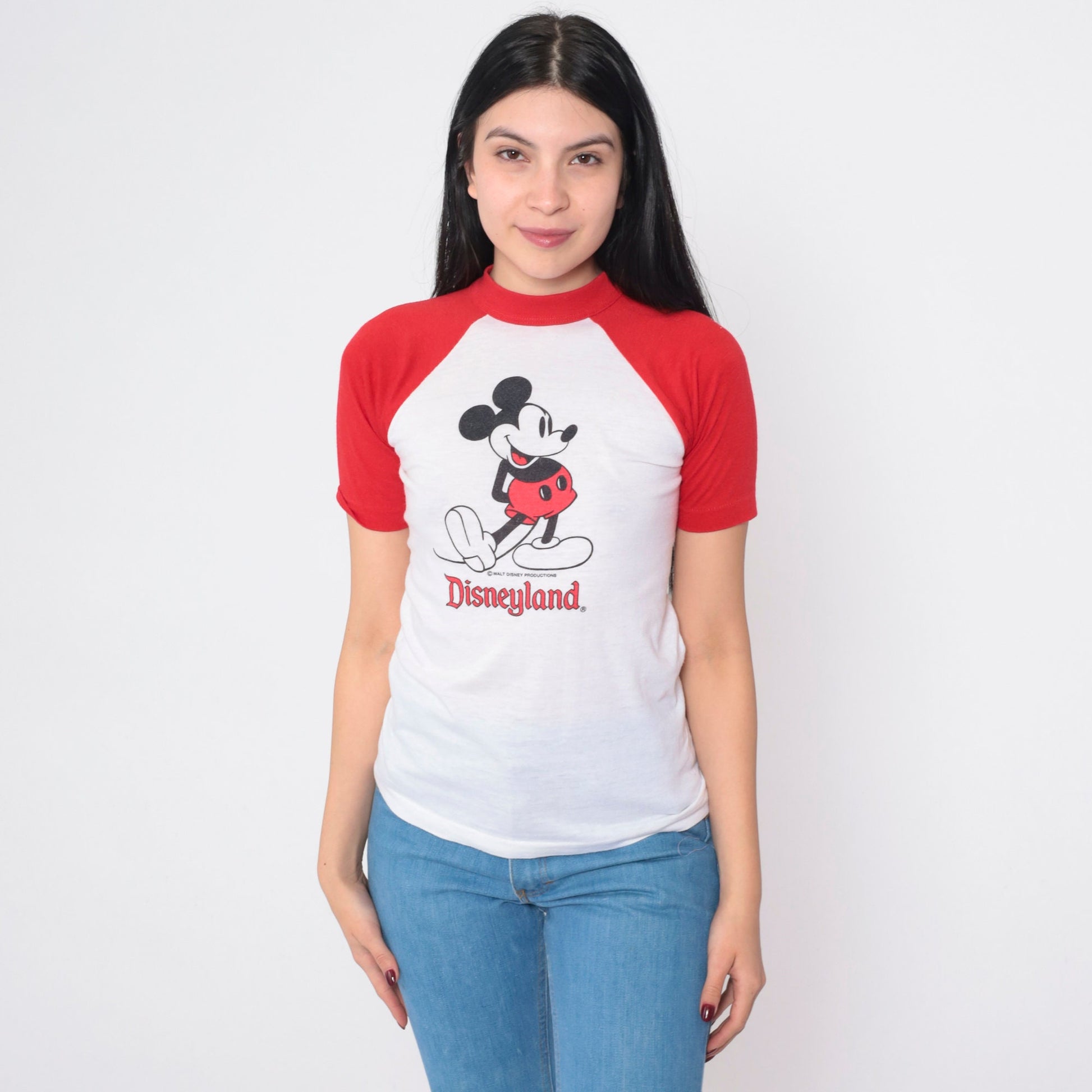 80s Disneyland Mickey Mouse Raglan T-Shirt White Red Graphic Cotton Extra Small XS