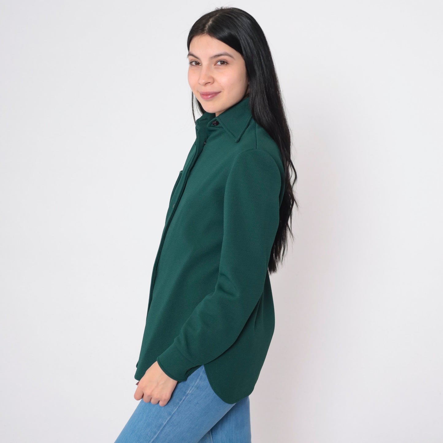 70s Forest Green Wing Collar Button-Up Blouse Long Sleeve Medium