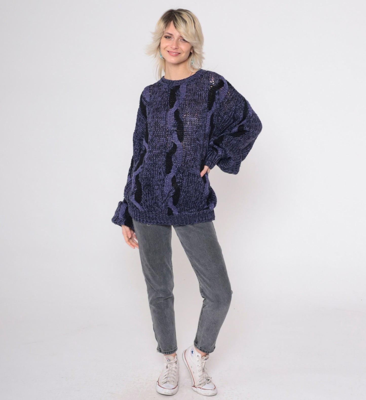 90s Purple Cable Knit Sweater Black Flecked Crewneck Pullover Men's Large L