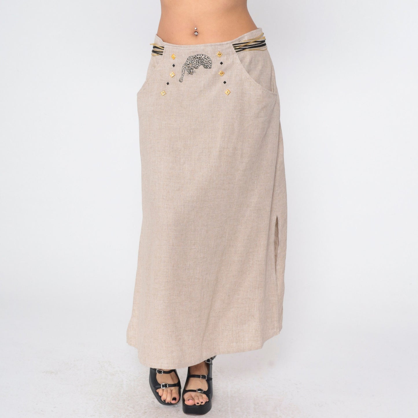 90s Joseph Ribkoff Leopard Print Maxi Skirt Tan Gold Studs Large L