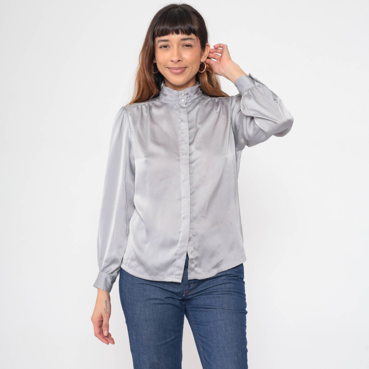 80s Silver Grey Puff Sleeve Blouse Pearl Button Mock Neck Medium