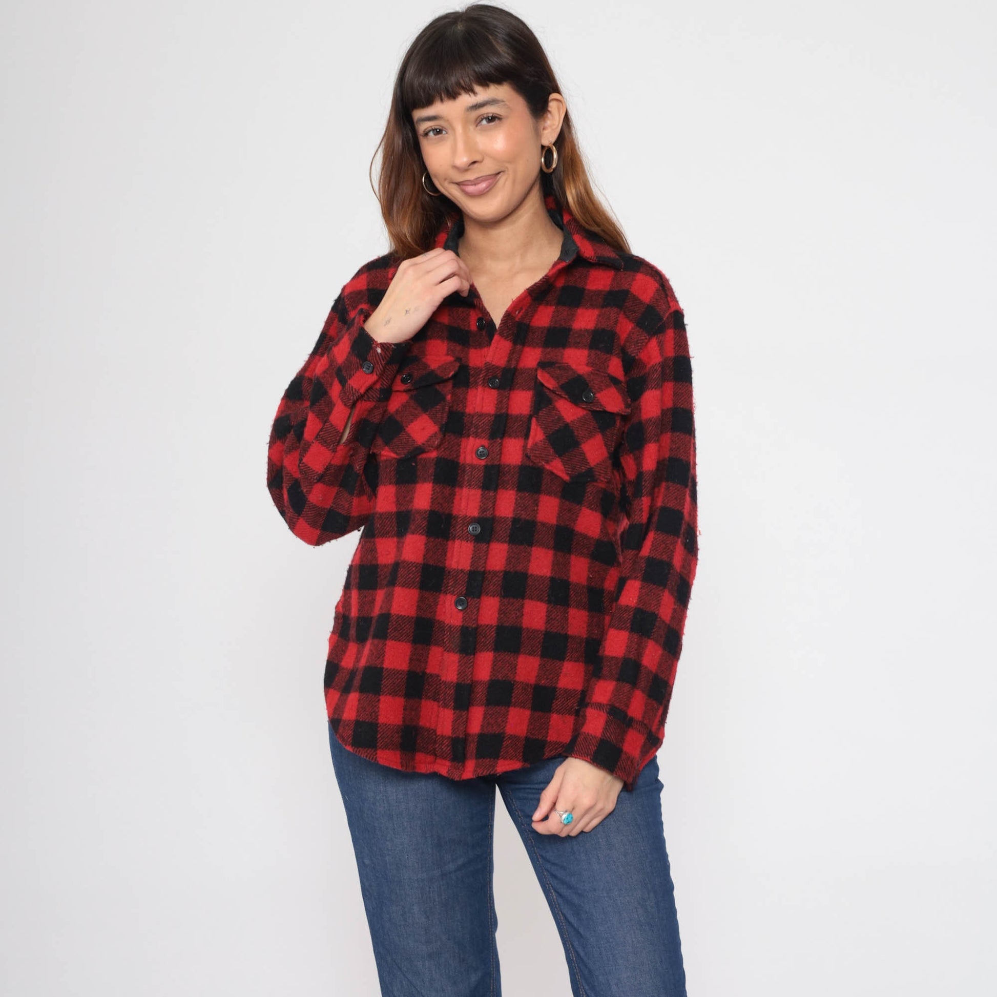 80s Woolrich Buffalo Plaid Wool Shirt Red Black Button Up Medium