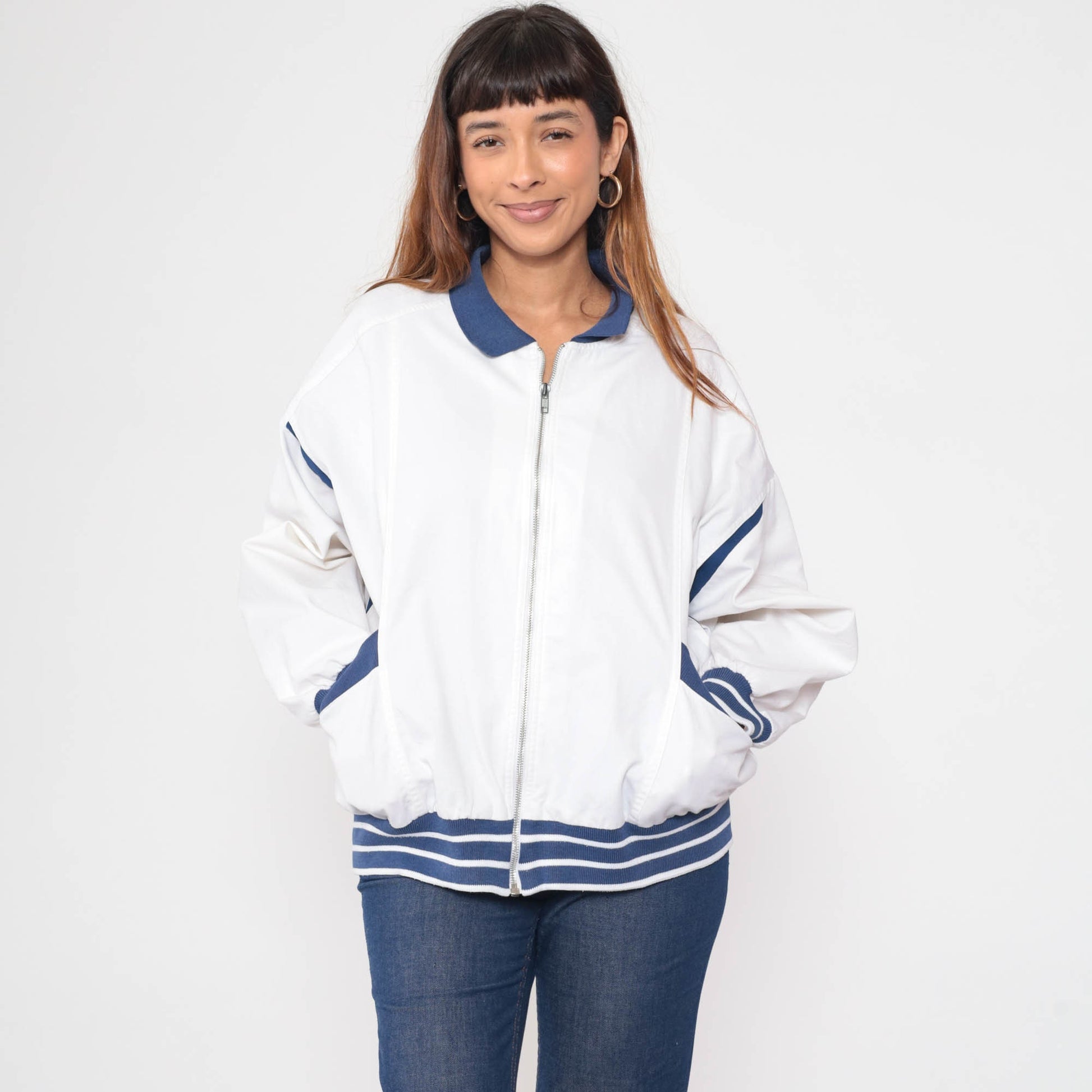 80s White Windbreaker Jacket Dark Blue Stripes Full Zip Track Jacket Extra Large XL
