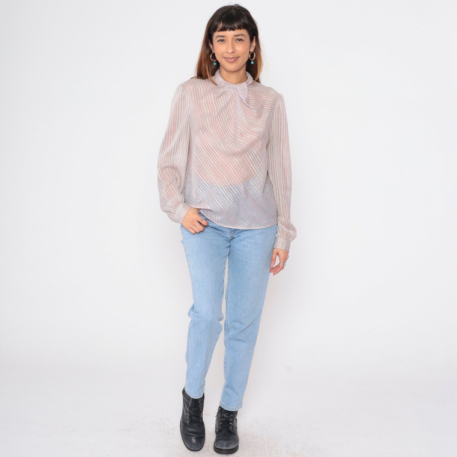 80s Sheer Striped Cowl Neck Blouse Puff Sleeve Button Back Grey Pink Medium