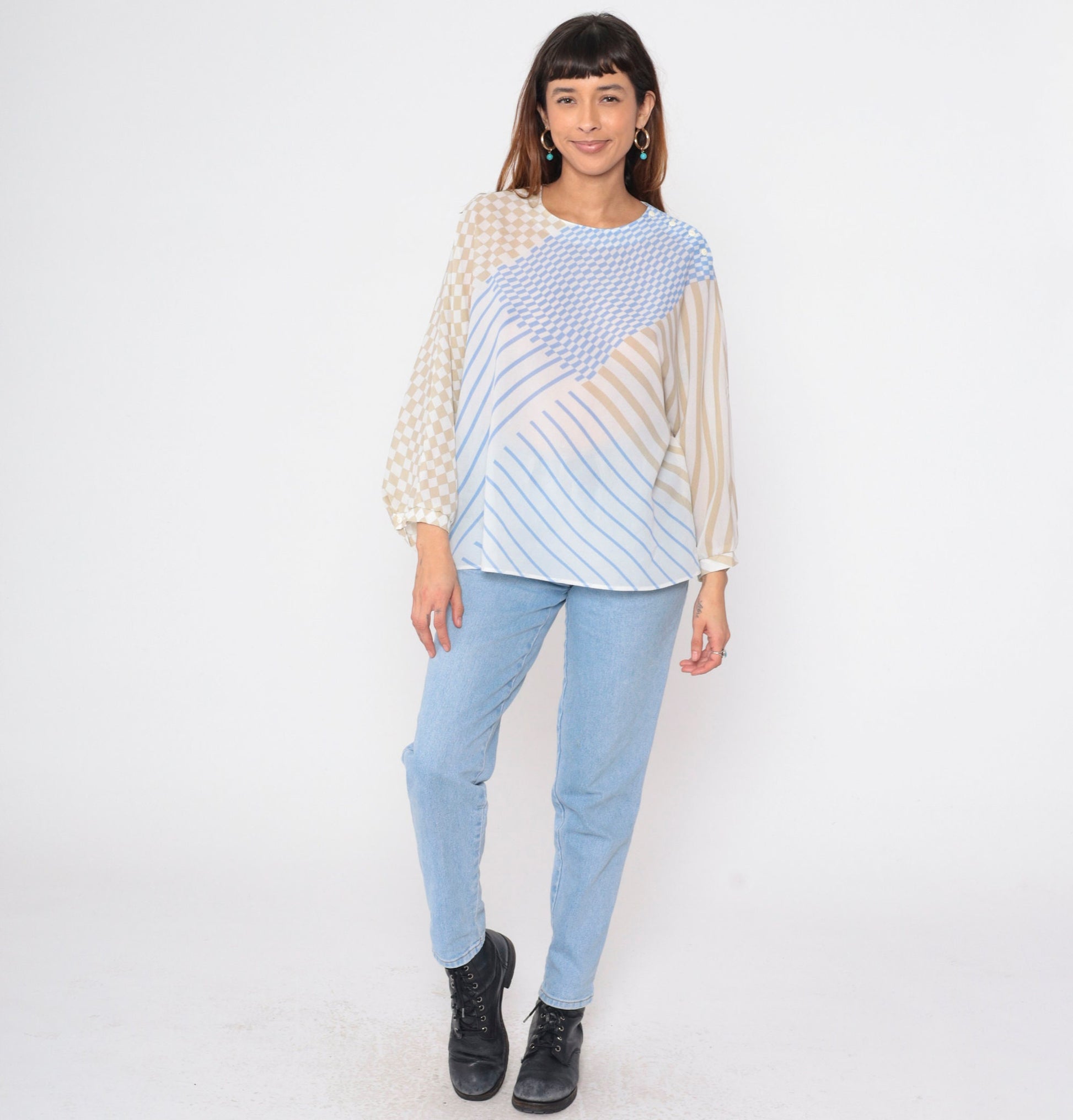 80s Frankenwalder Sheer Checkered Striped Blouse Long Sleeve Button Shoulder Blue White Taupe Extra Large