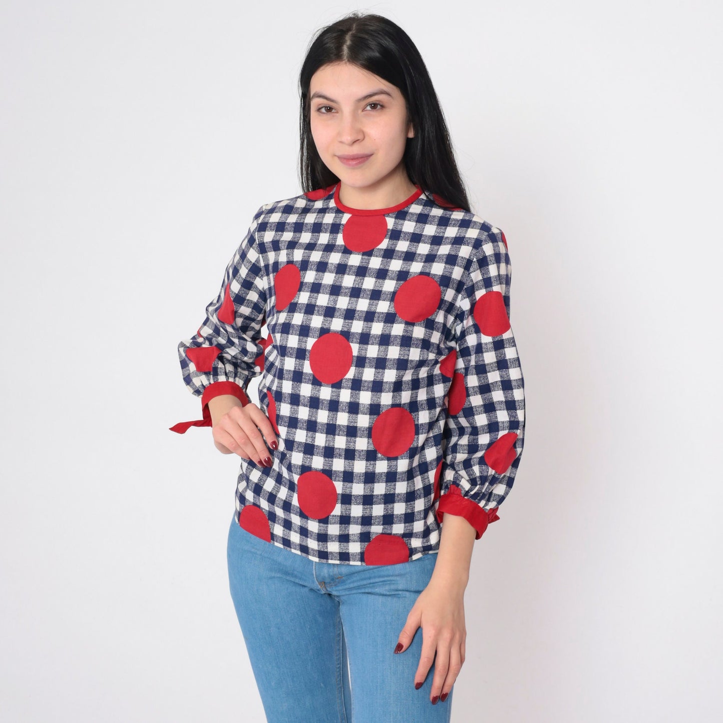 60s Mod Gingham Polka Dot Puff Sleeve Blouse Blue White Red Bow Cuffs Small