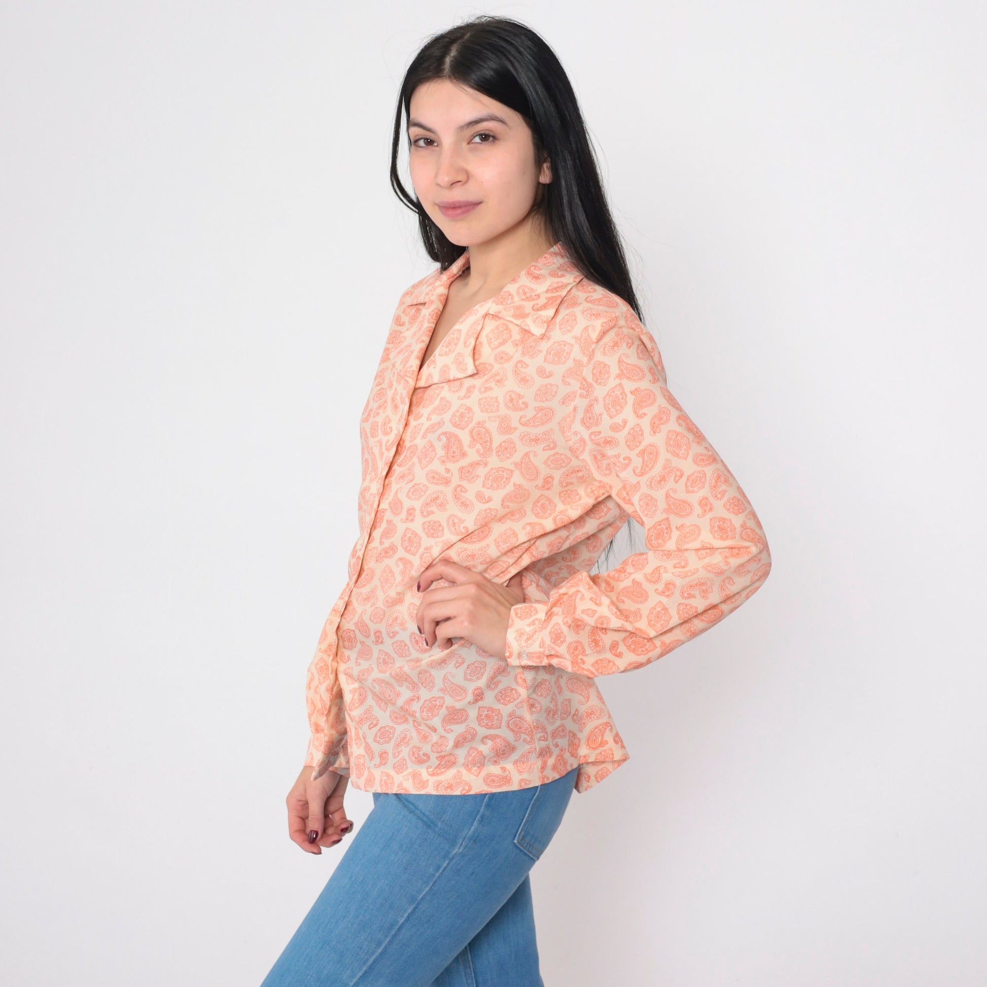 70s Paisley Button-Up Blouse Long Sleeve Notched Collar Disco Print Large L