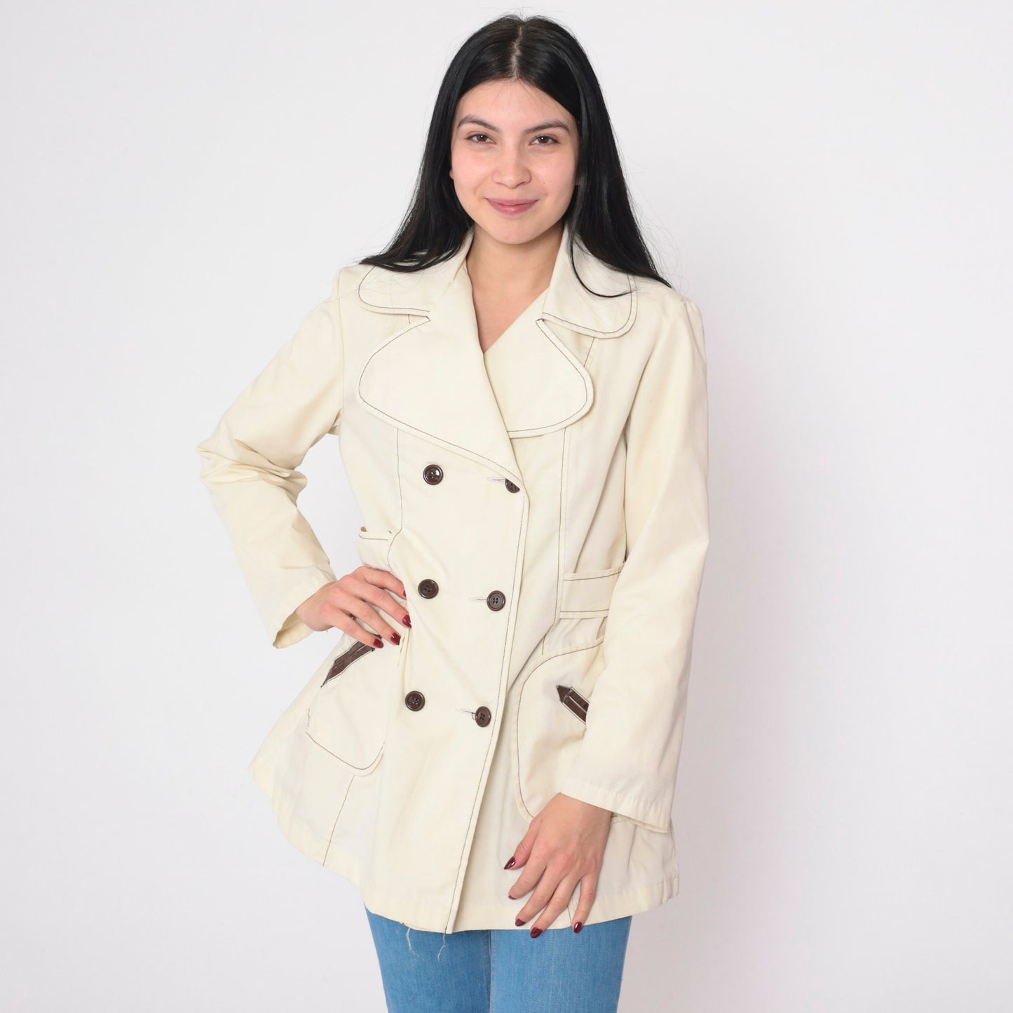 70s Cream Pea Coat Double Breasted Faux Fur Lined Sailor Jacket Extra Small