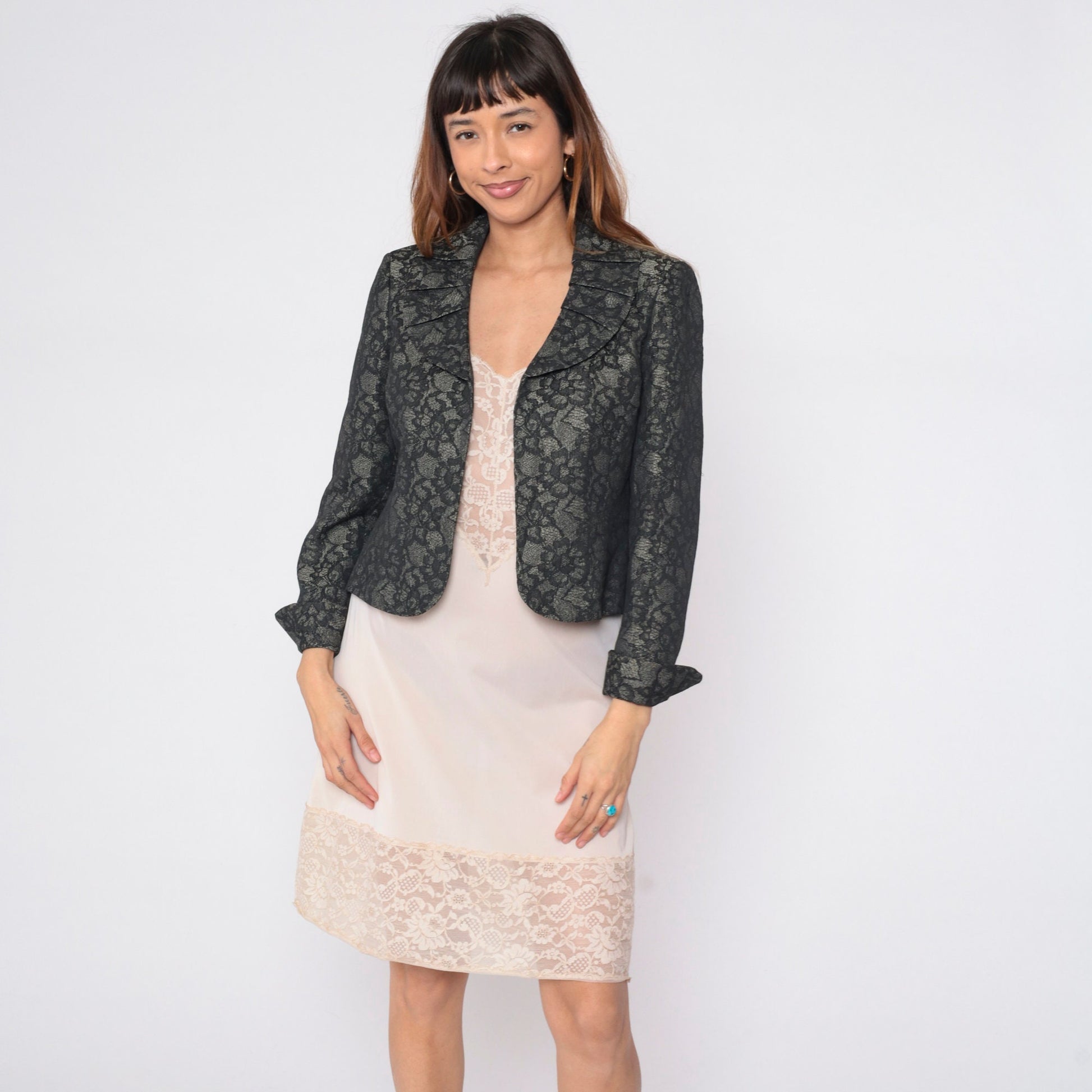 80s Le Suit Floral Lace Cropped Blazer Grey Pleated Collar Medium