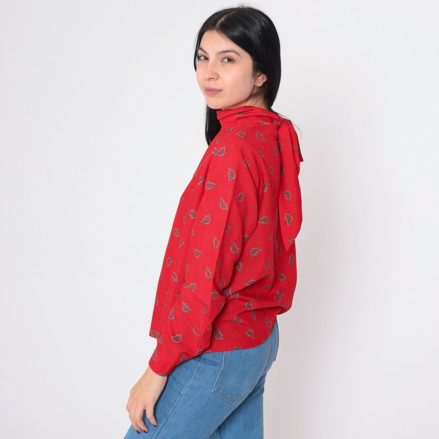 80s Red Paisley Mock Neck Blouse Back Bow Tie Long Sleeve Medium