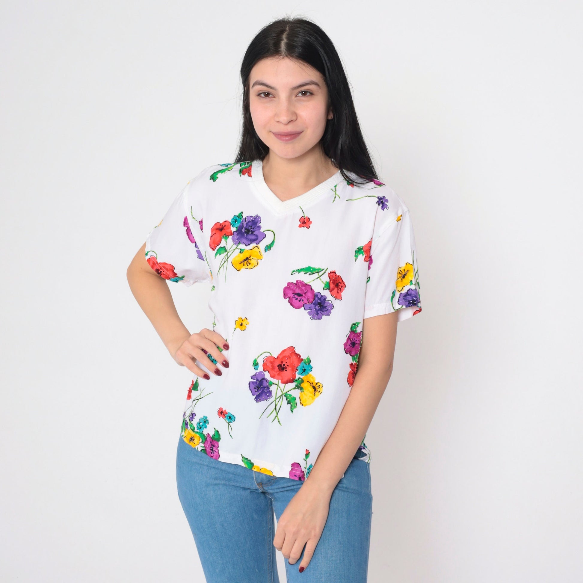 90s Carole Little Floral Beaded V-Neck T-Shirt White Graphic Tee Small S