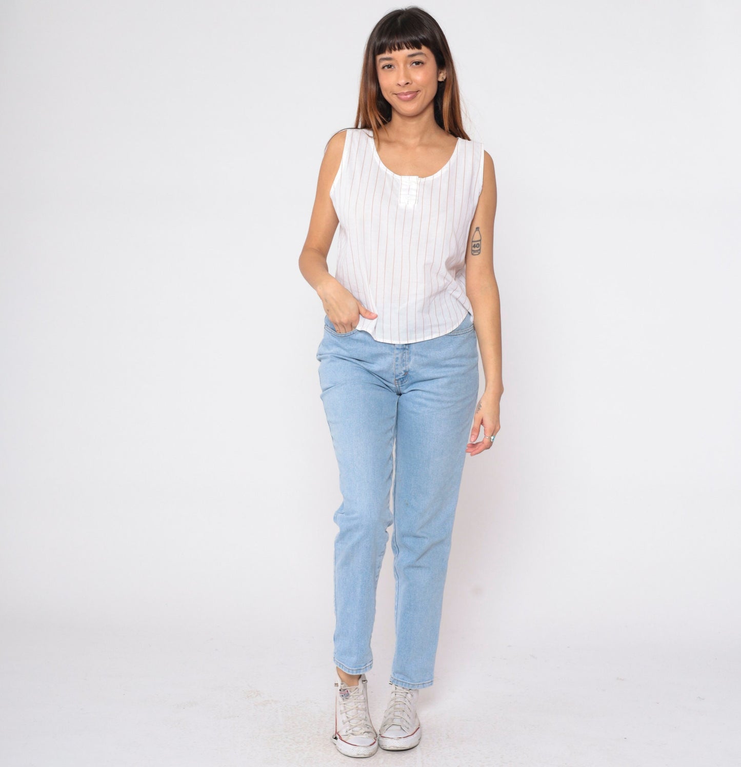 80s Striped Henley Tank Top White Tan Button-Up Scoop Neck Cotton Medium