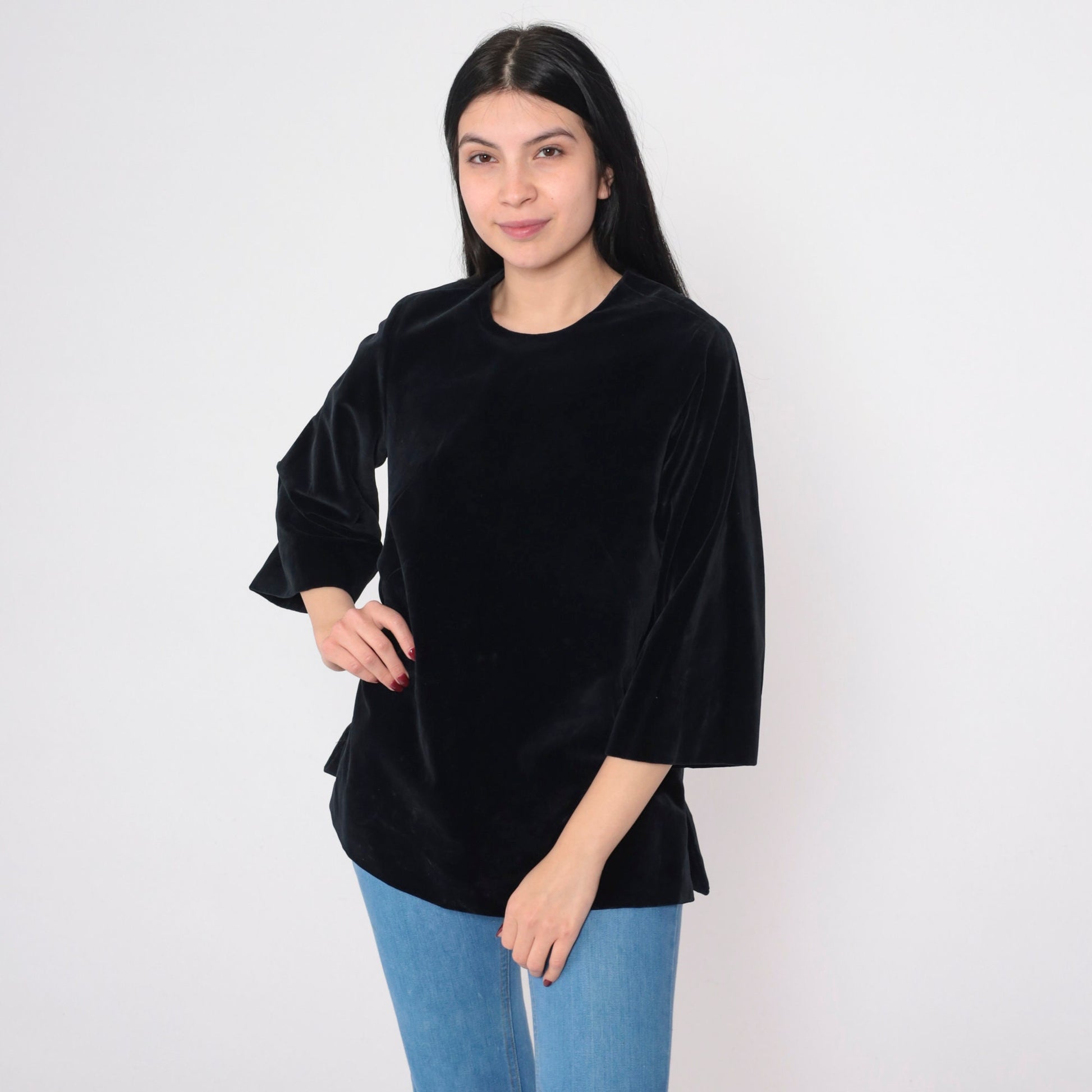 60s Black Velvet Blouse 3/4 Sleeve Rear Zip Medium