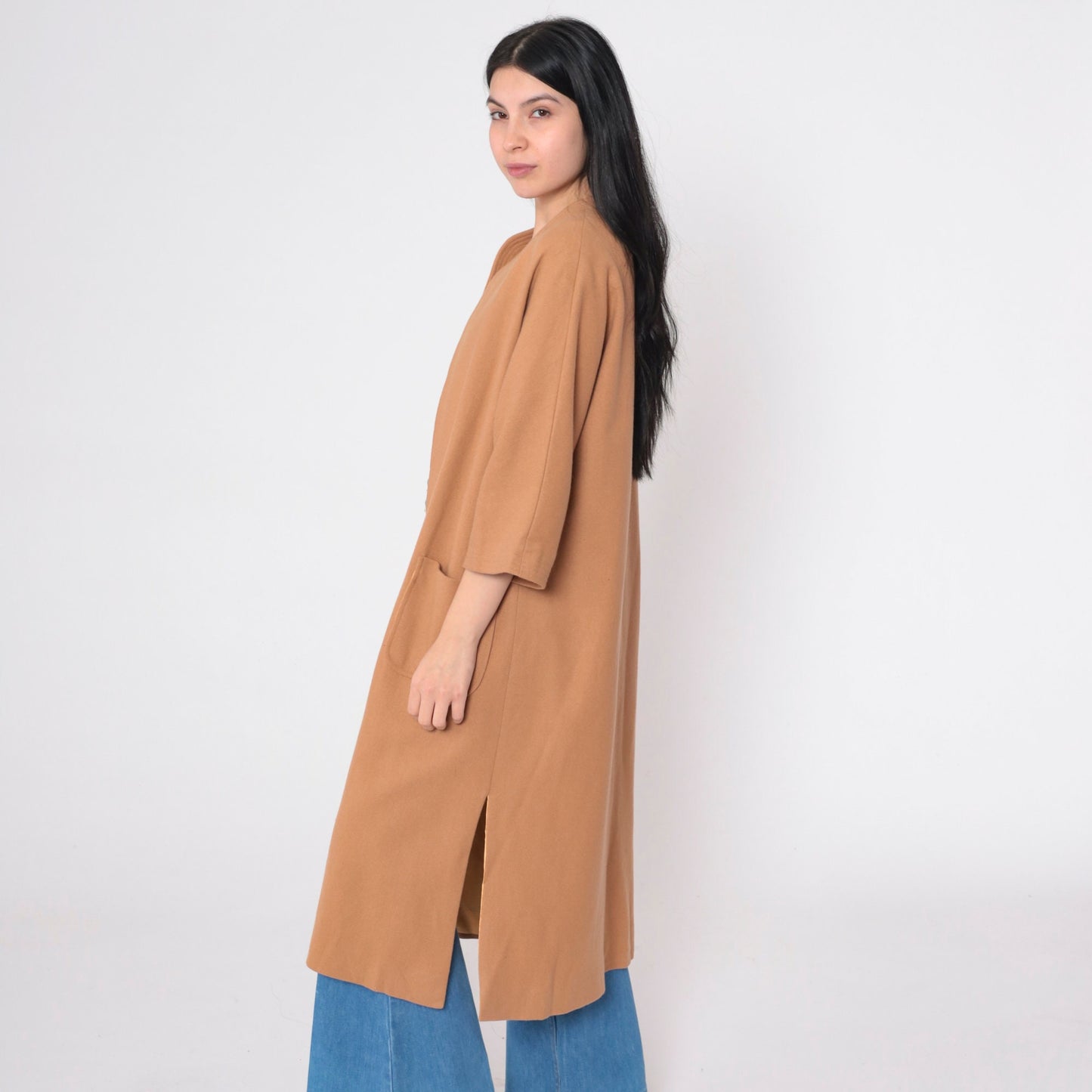 80s Tan Wool Jacket Open Front 3/4 Sleeve Longline Coat Small Medium