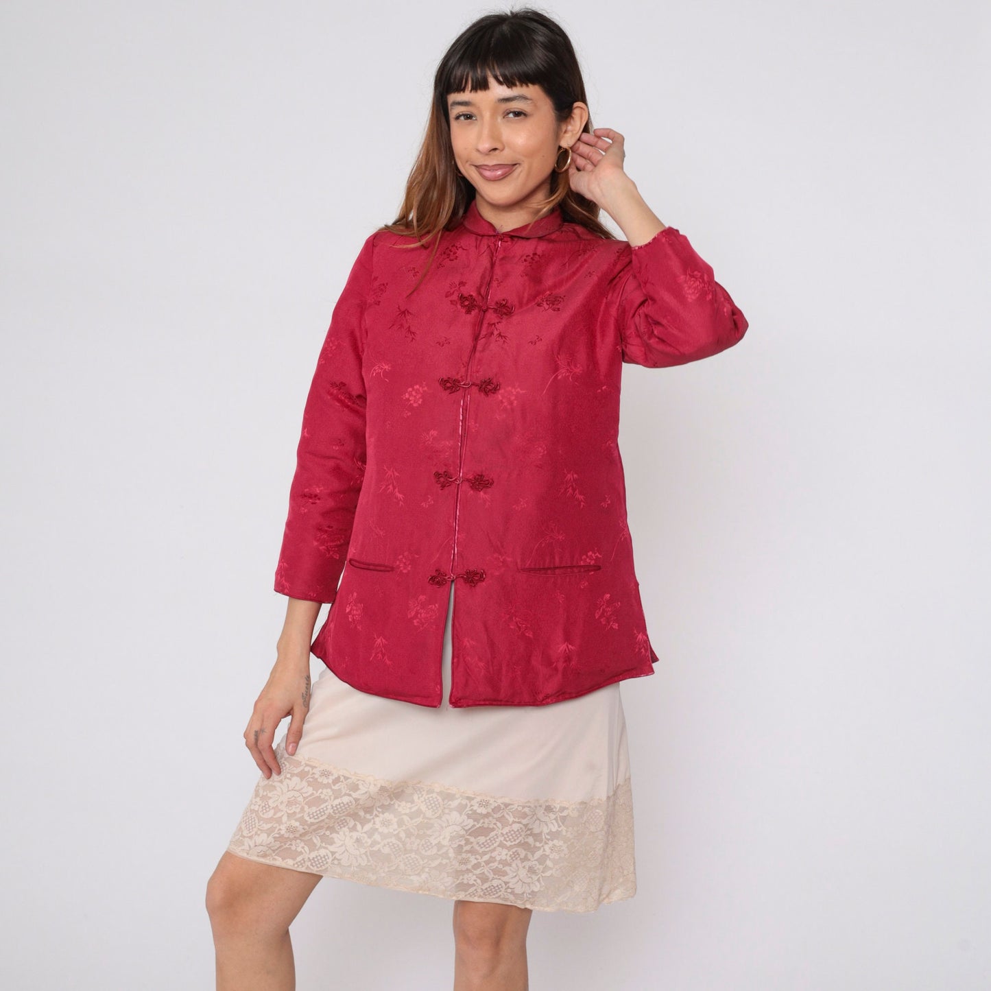 80s Red Floral Asian-Inspired Jacket Quilted Down-Fill Knot Buttons Small