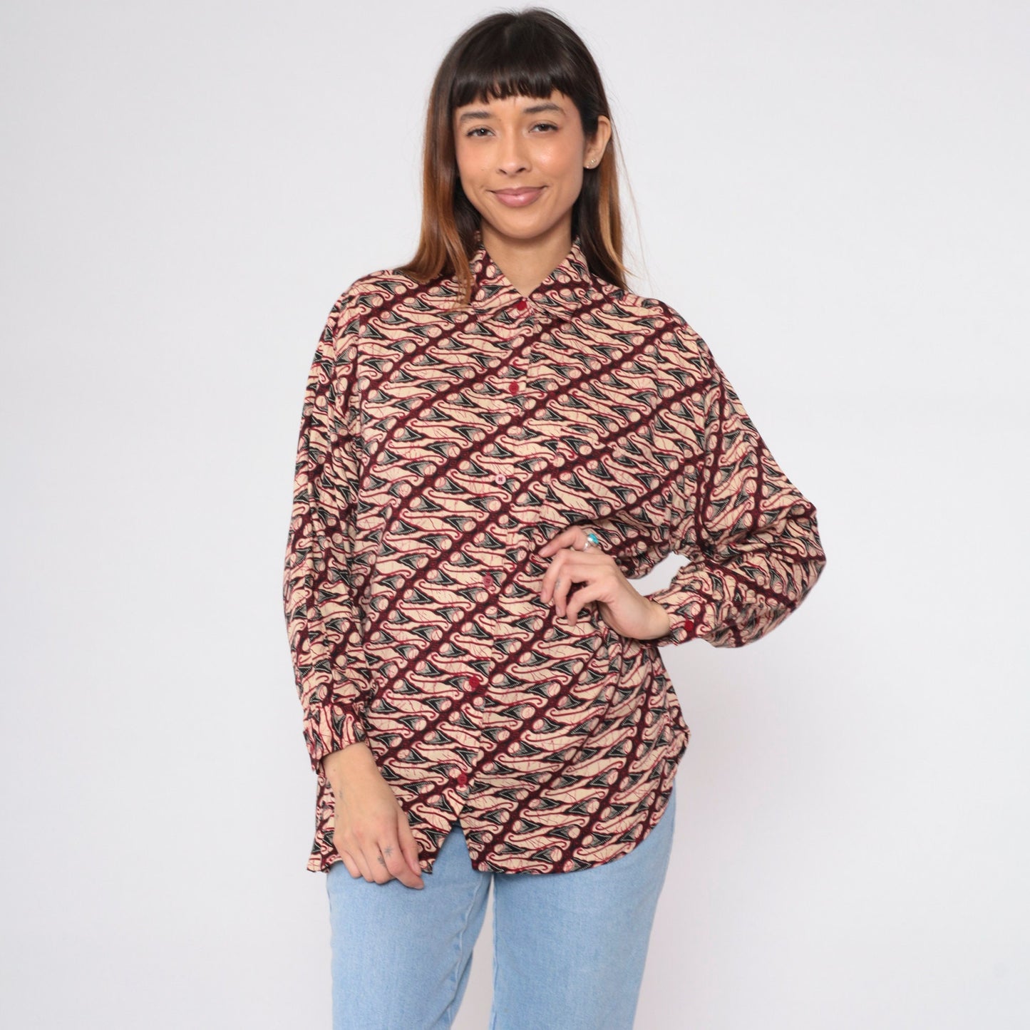 90s Geometric Abstract Button Up Blouse Red Tan Patterned Medium