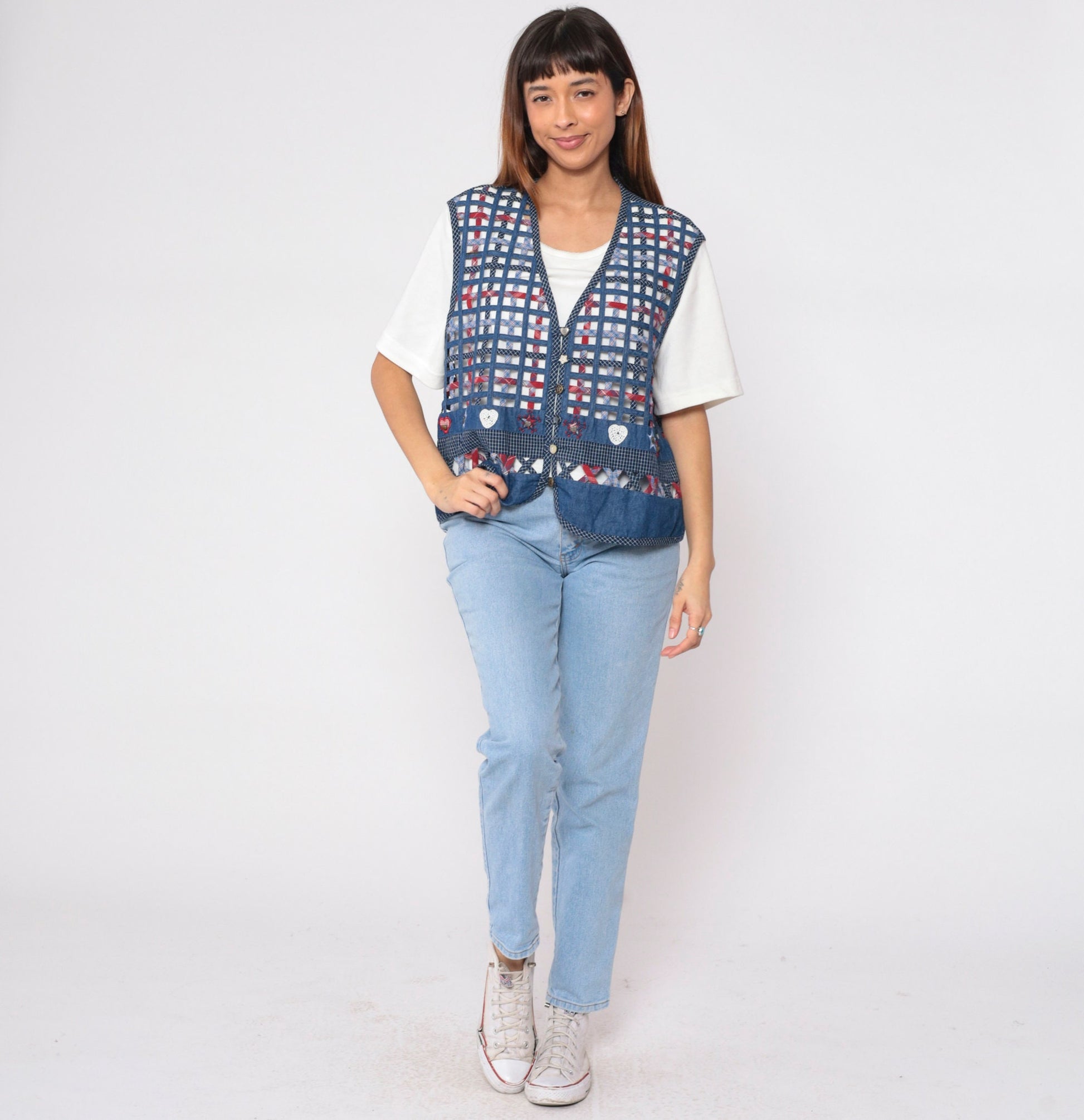 90s Koret City Blues Checkered Vest Blouse White Cotton Button Up Extra Large XXL