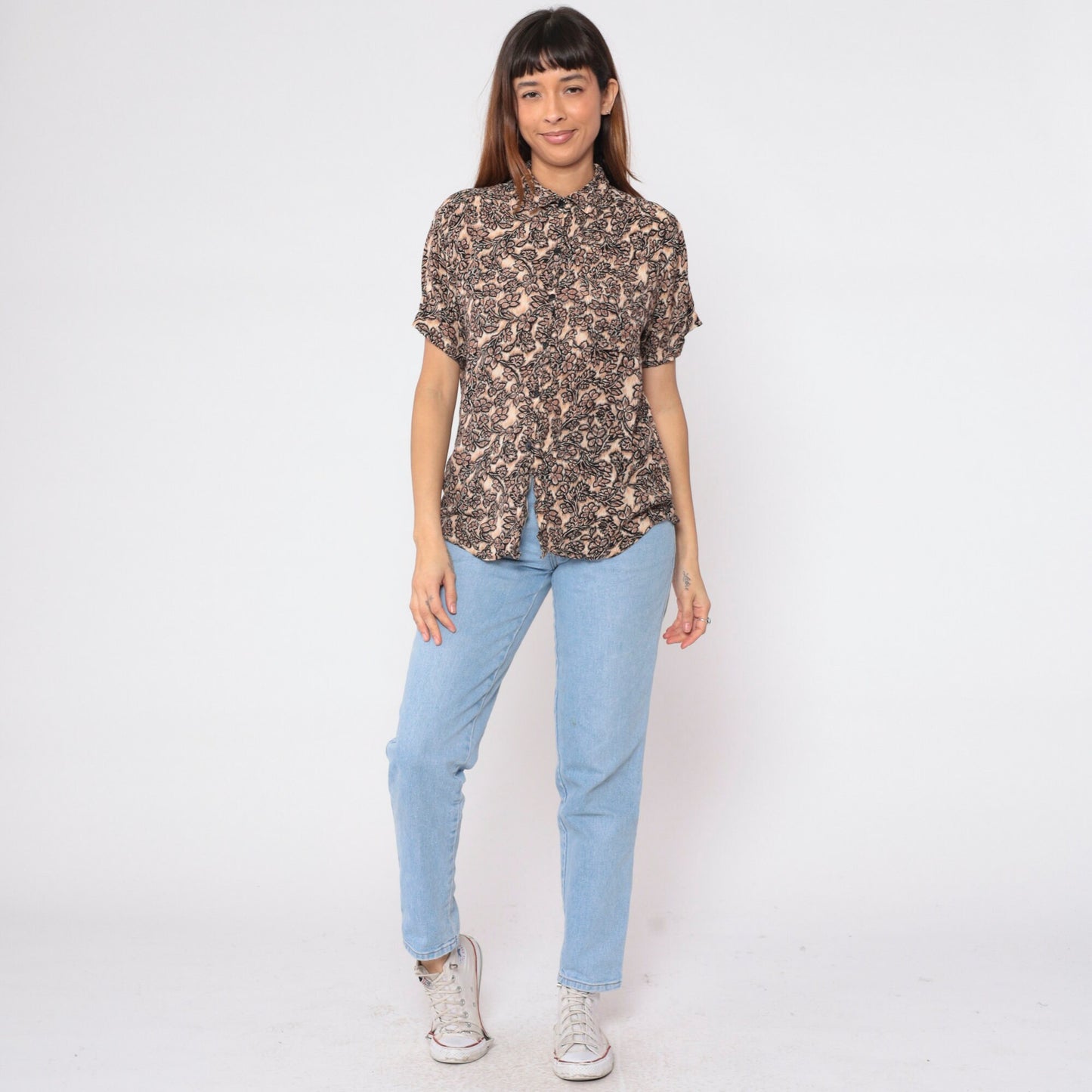 90s Floral Blouse Brown Tan Flower Print Rayon Button Up Short Sleeve Medium