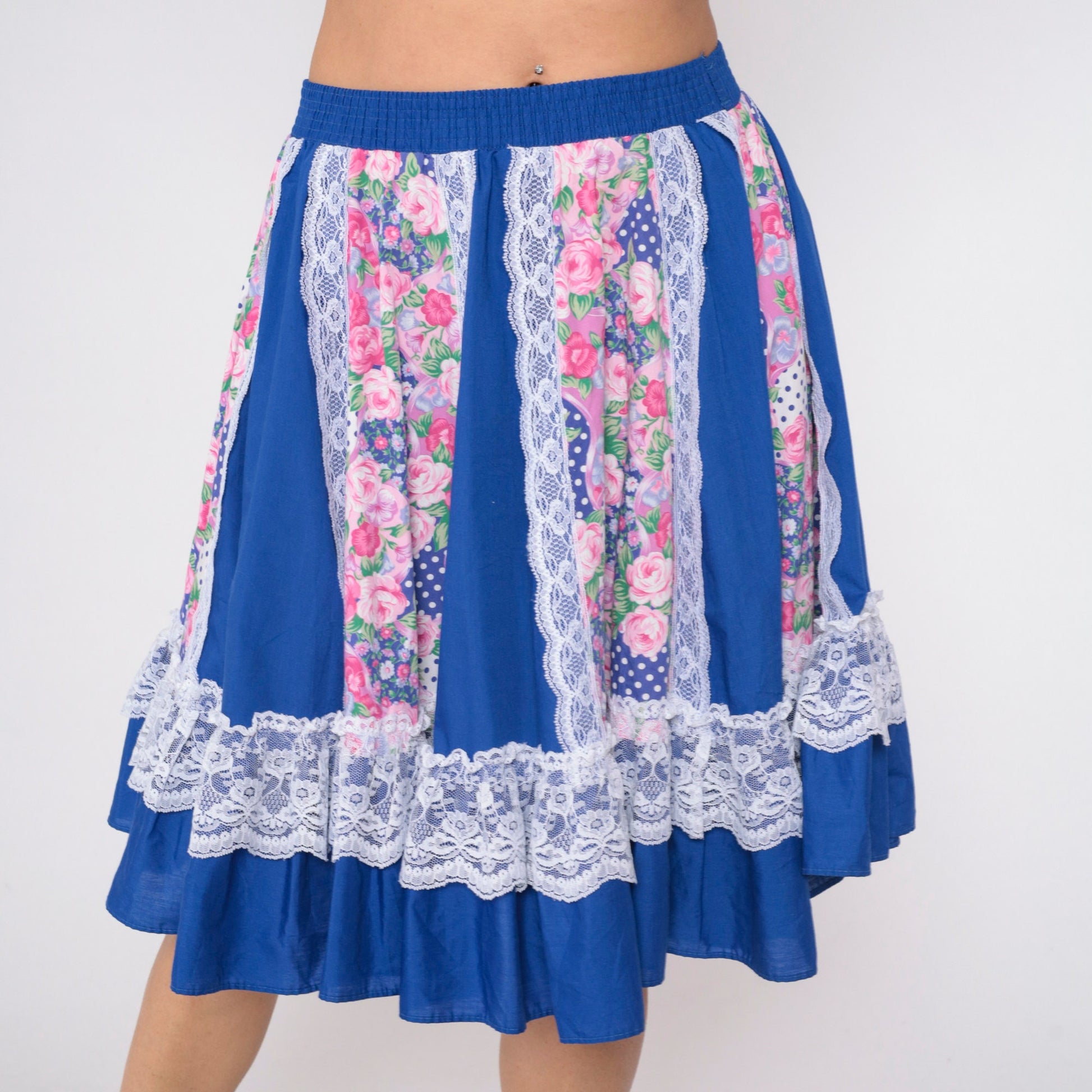 80s Blue Floral Prairie Skirt High Waist Tiered Lace Trim Mini Small