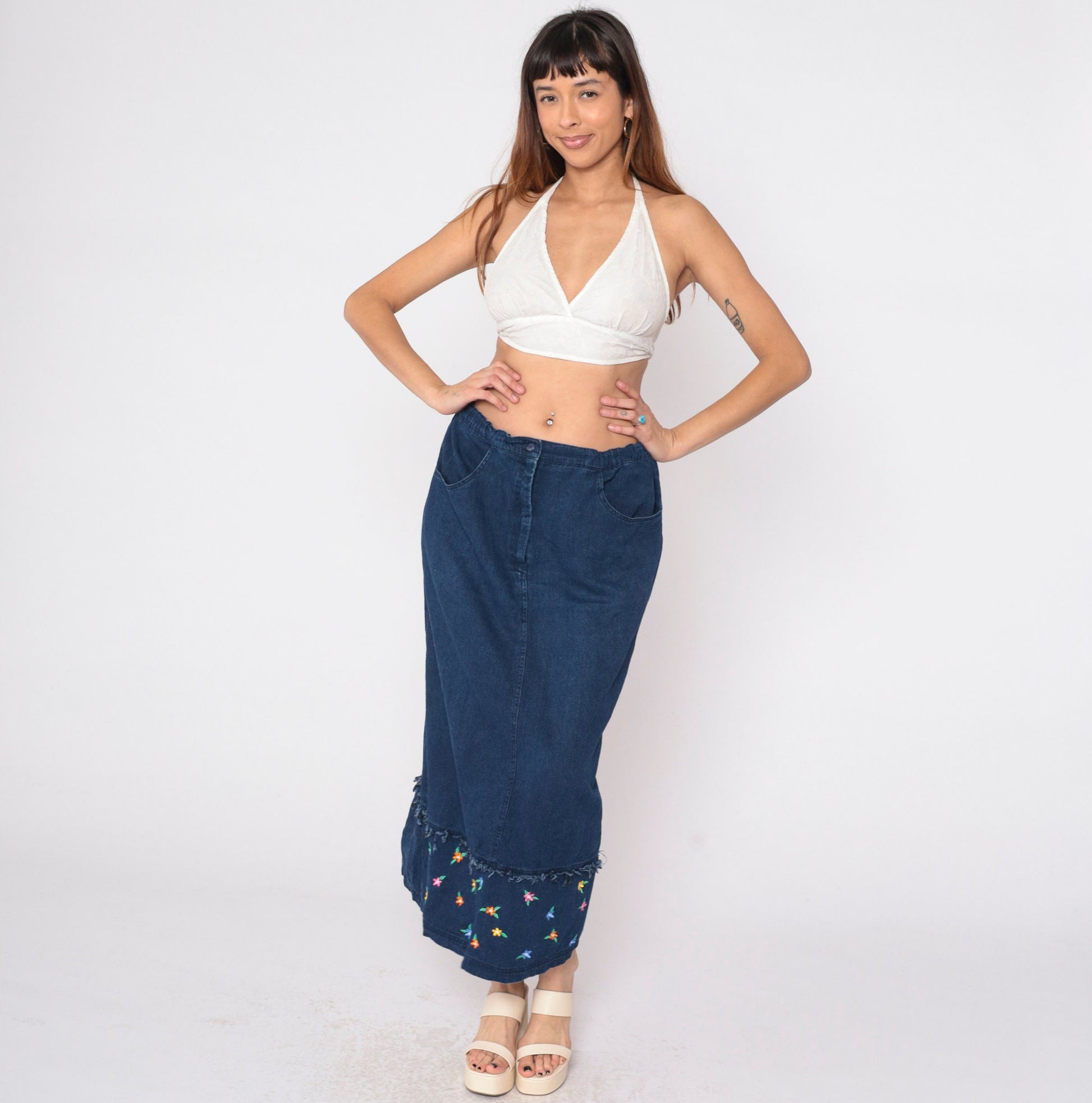 00s Samantha Edwards Denim Maxi Skirt Floral Embroidered Dark Wash Large