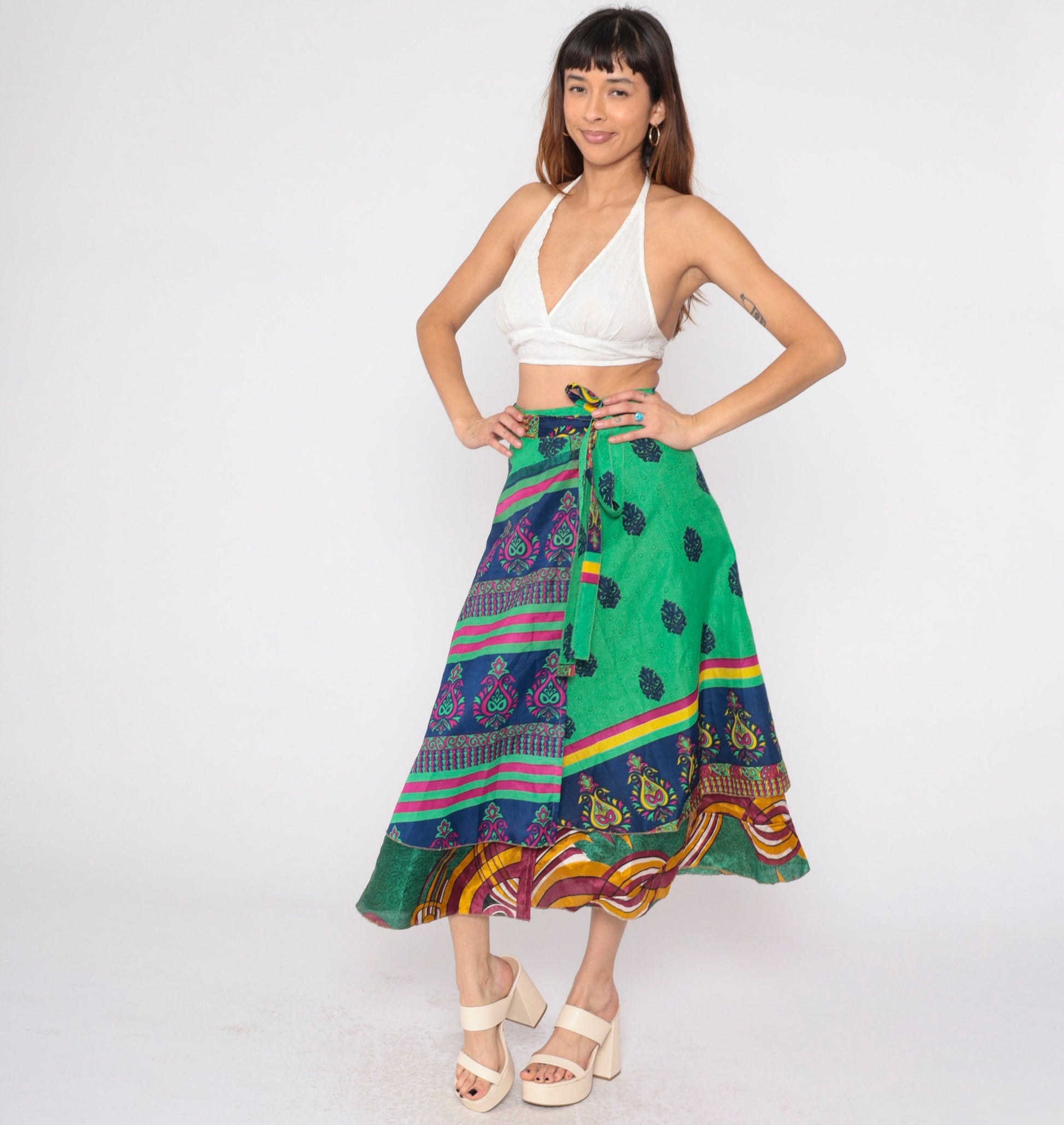 Y2K Reversible Wrap Midi Skirt Green Floral Paisley Print 00s Small Medium Large